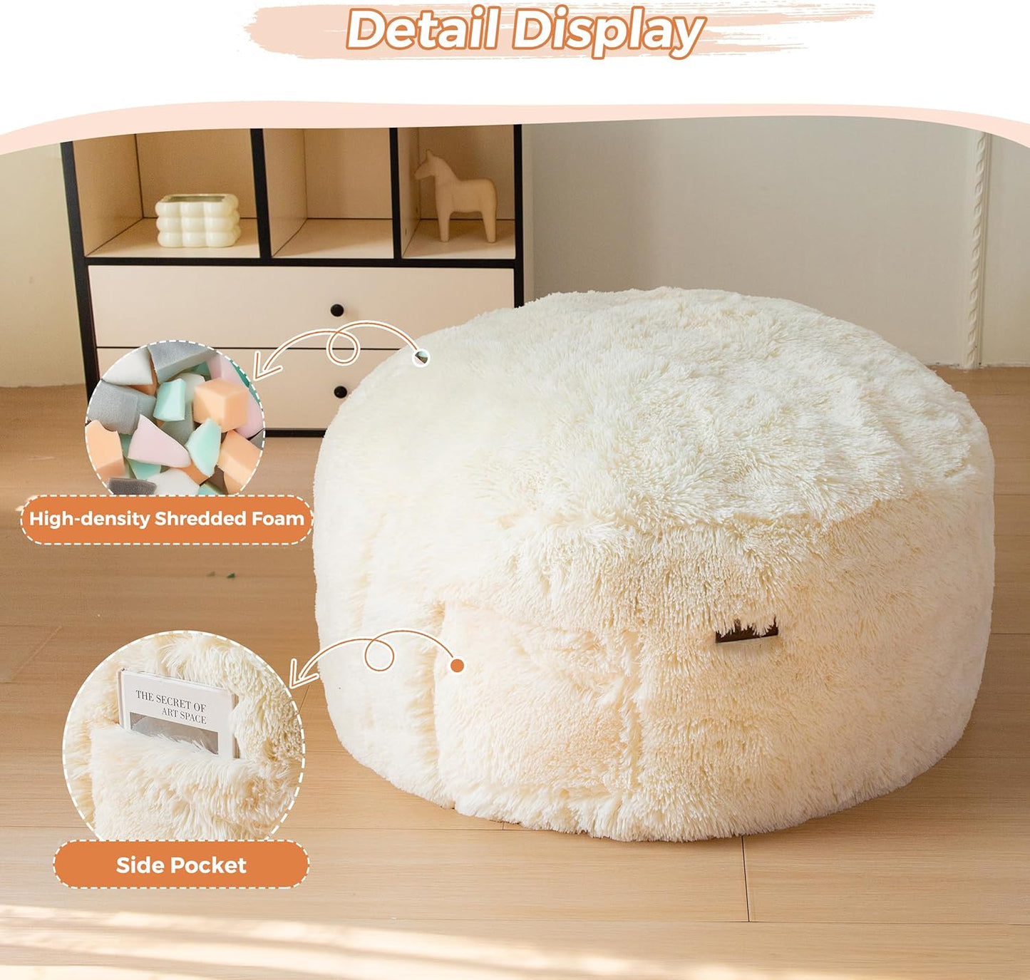 MAXYOYO Kids Bean Bag Chair, Stuffed Faux Fur Bean Bag for Toddler, Ultra Soft Floor Sofa with High-Density Foam Filling, Lazy Chair for Living Room, Playroom, Nursery Room