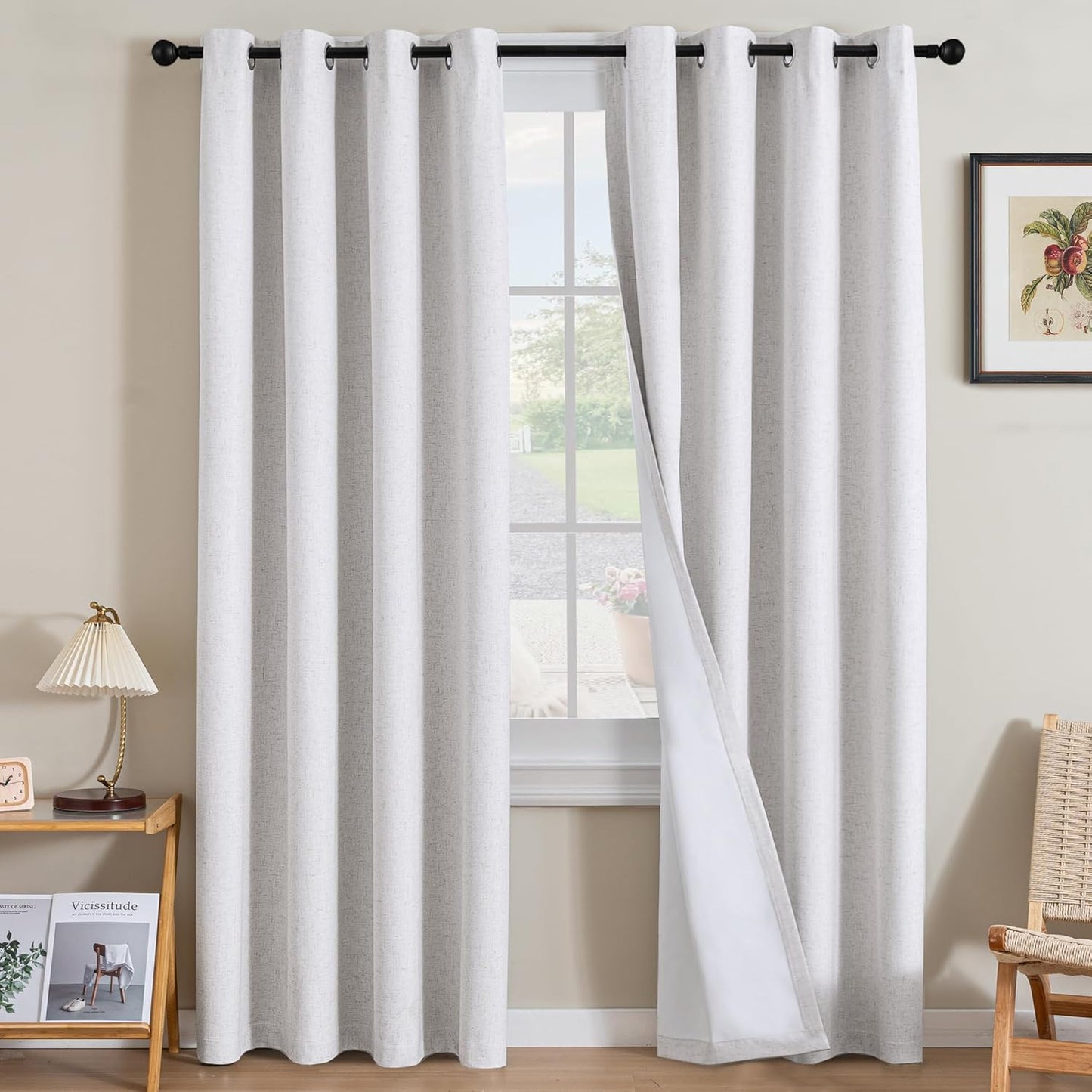 H.VERSAILTEX Linen Curtains 100% Blackout Curtains for Bedroom 84 inch Long Full Light Blocking Nature Linen Blended Window Curtains for Living Room Nickel Grommet (2 Panels, Heathered White)