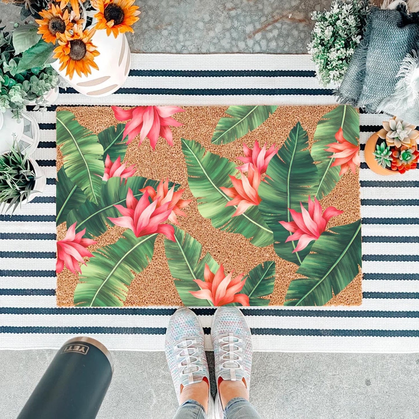 Funny Coir Doormat Beautiful Print with Palm Tree Leaves Front Door Mats Entryway Outdoor Mat with Heavy Duty Front Porch Welcome Mats Entry Natural Coir House Warming Gift Mat 23.7 x 15.7 inch