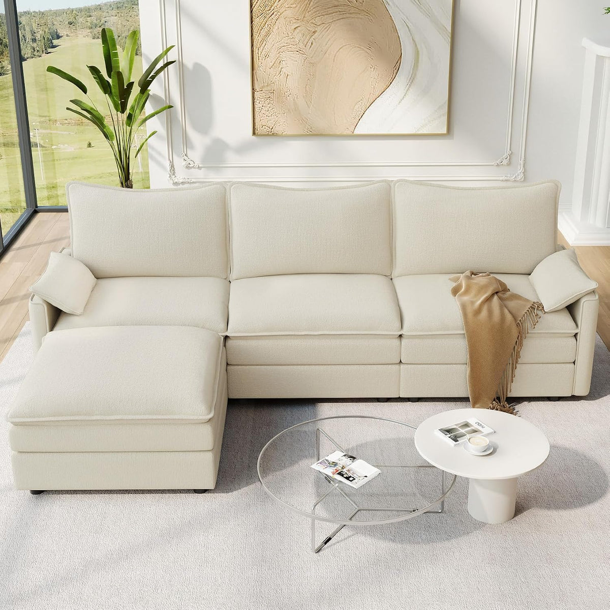 Vesgantti 108" Modular Sectional Sofa, Comfy Cloud Couch with Movable Ottoman Deep Seat Chenille L Shaped Modular Sofa, Sectional Couches for Living Room, Bedroom and Apartment, Beige