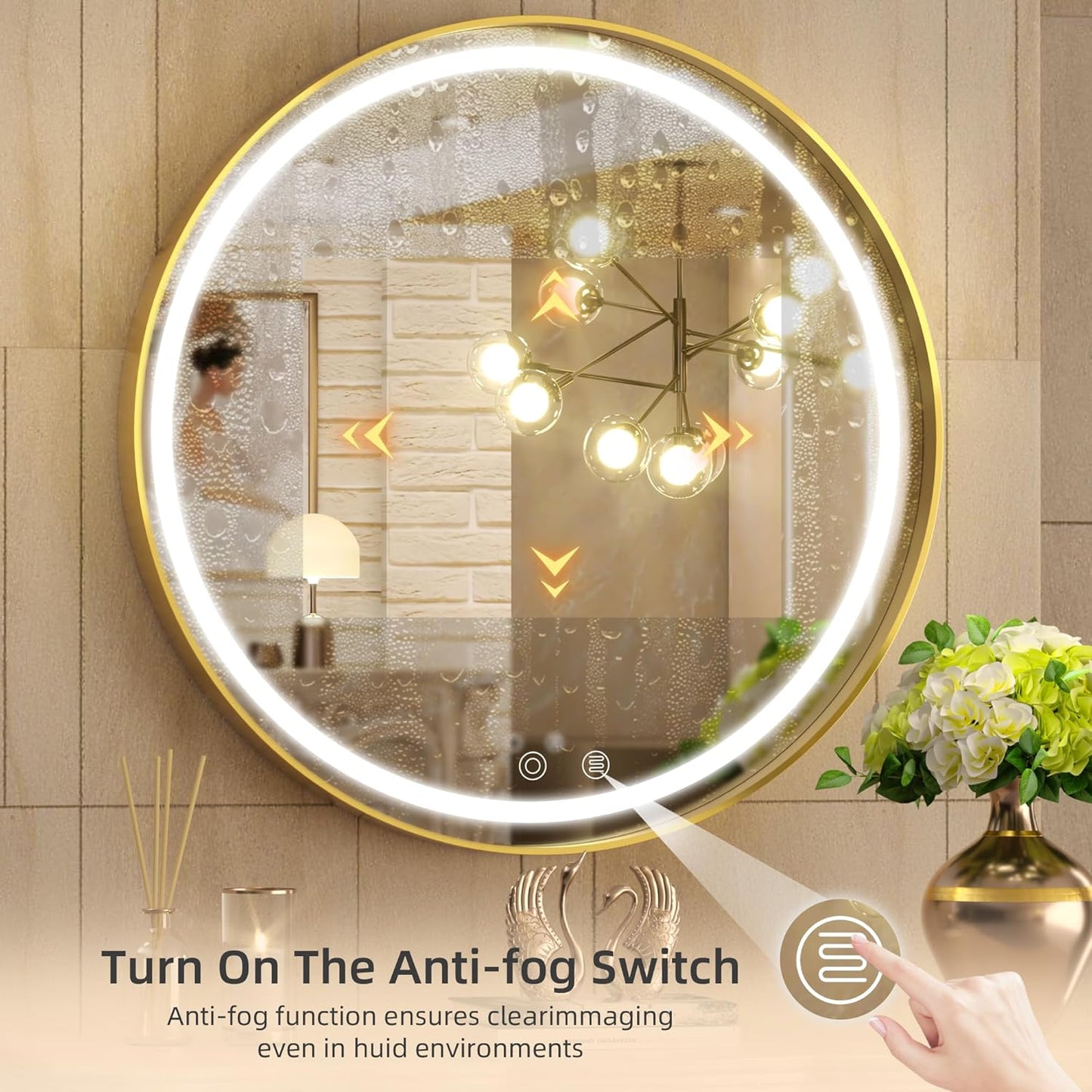 Hasipu 32 Round LED Mirror for Bathroom with Lights, Gold Circle Vanity Mirror for Wall, Metal Framed Frontlit Bathroom Mirrors Anti-Fog, Dimmable, 3 Colors Makeup Mirror Wall Mounted