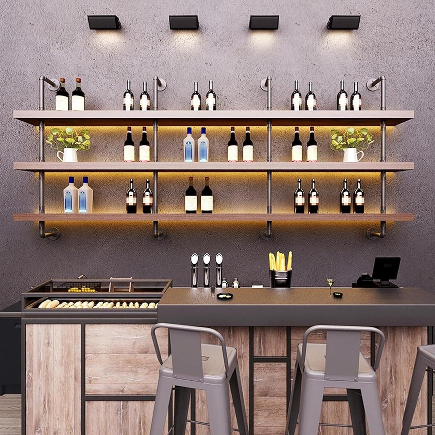 47.2in Large Wine Rack with LED Light Solid Wood Wall Mounted Wine Rack, 3-Tiers Liquor Bottles Floating Shelves Display Storage Organizer for Home Bar & Dining Room (120cm/47.2in)