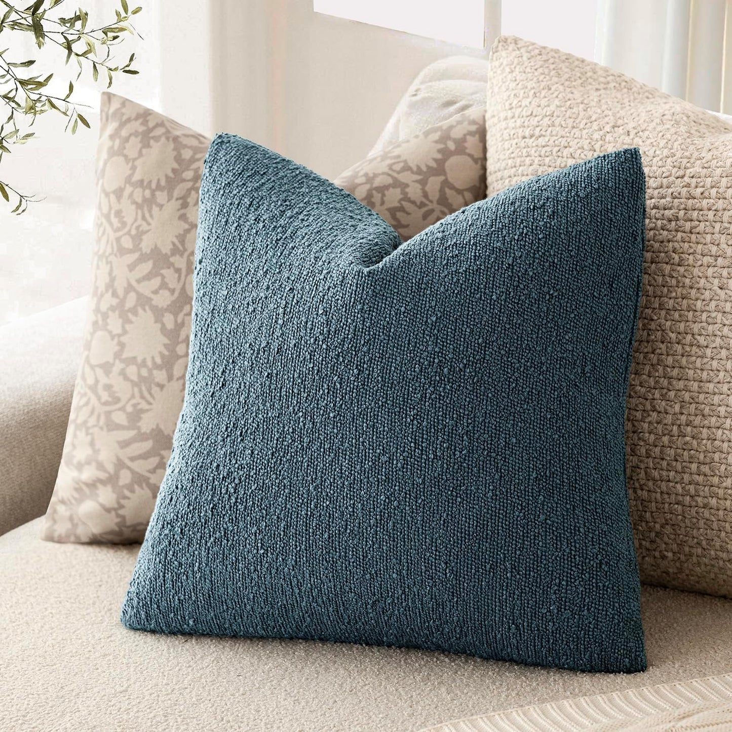 Foindtower Set of 2, Decorative Textured Boucle Throw Pillow Covers Accent Solid Pillow Cases Neutral Cozy Couch Cushion Case for Chair Sofa Bedroom Living Room Home Decor 24x24 Inch Misty Blue