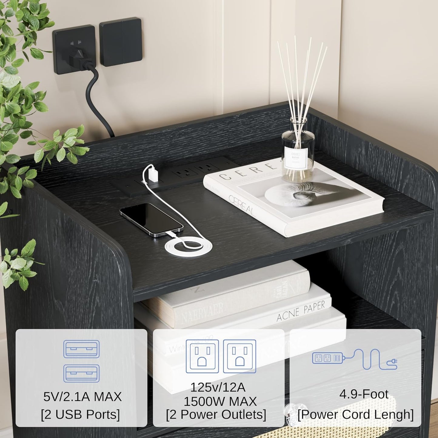 Diamond Décor End Table, Nightstand with Charging Station, Bedside Table with Solid Wood Legs, Black