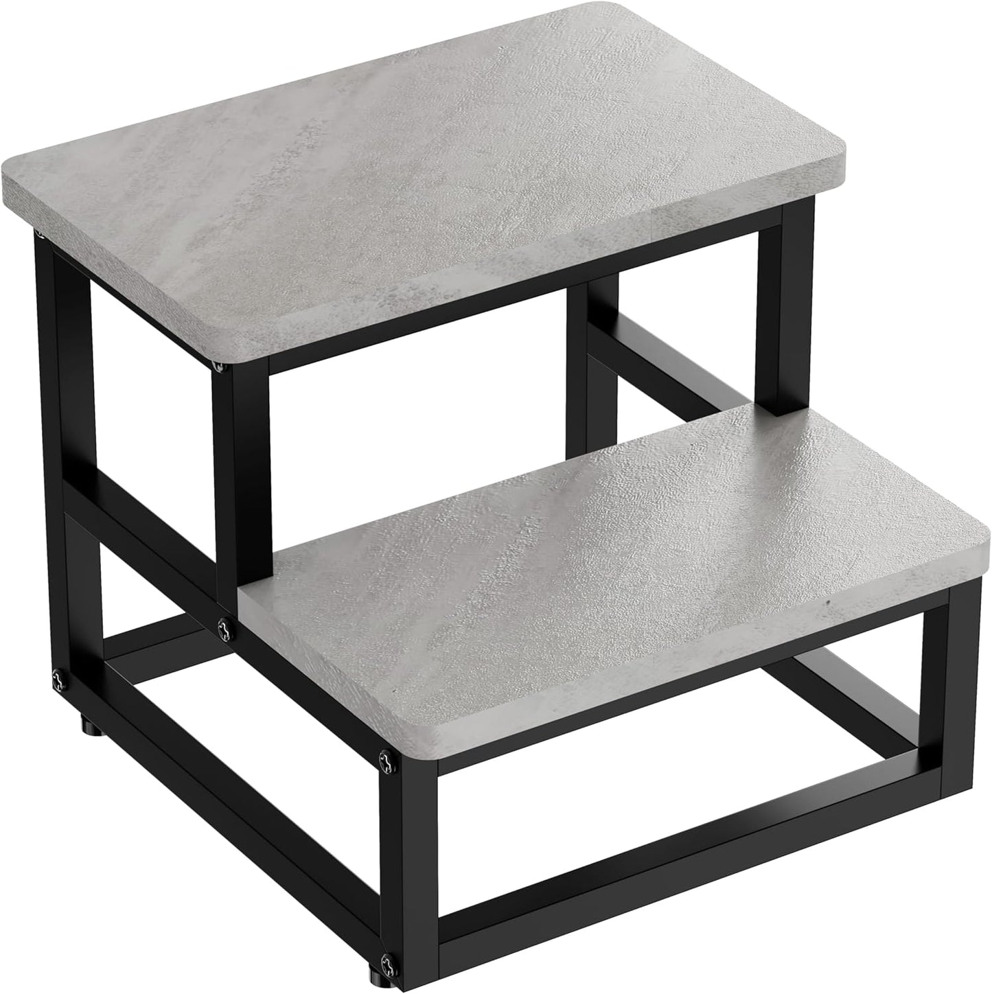Step Stools, Heavy Duty Stepping Stool for Kids Adults, Non-Slip Metal and Wooden 2 Steps Foot Stool for High Beds and Kitchen, Round Corner, 500 Lbs Capacity, Cement Gray