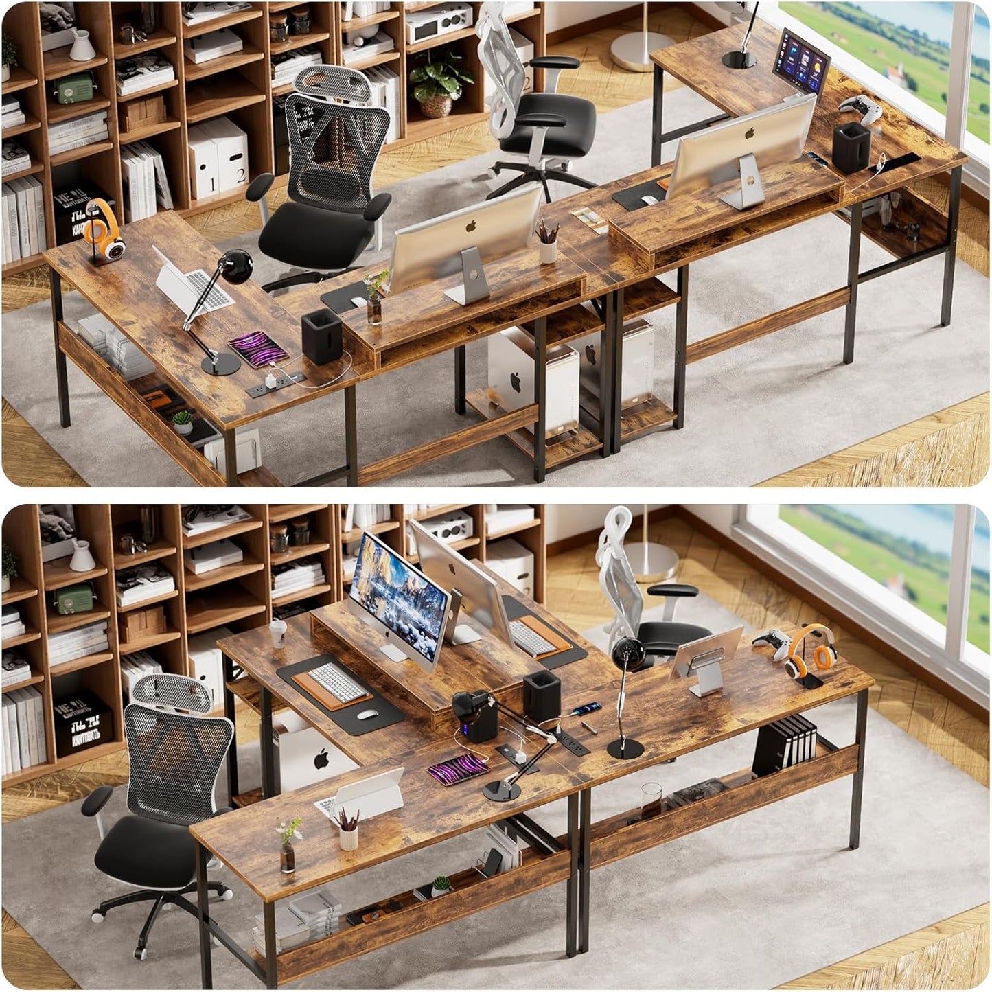 Unikito L Shaped Computer Desk with Magic Power Outlets and Smart LED Light, Sturdy Reversible Corner Desk with Monitor Stand & Storage Shelves, Home Office Work Desk, Easy to Assemble, Rustic