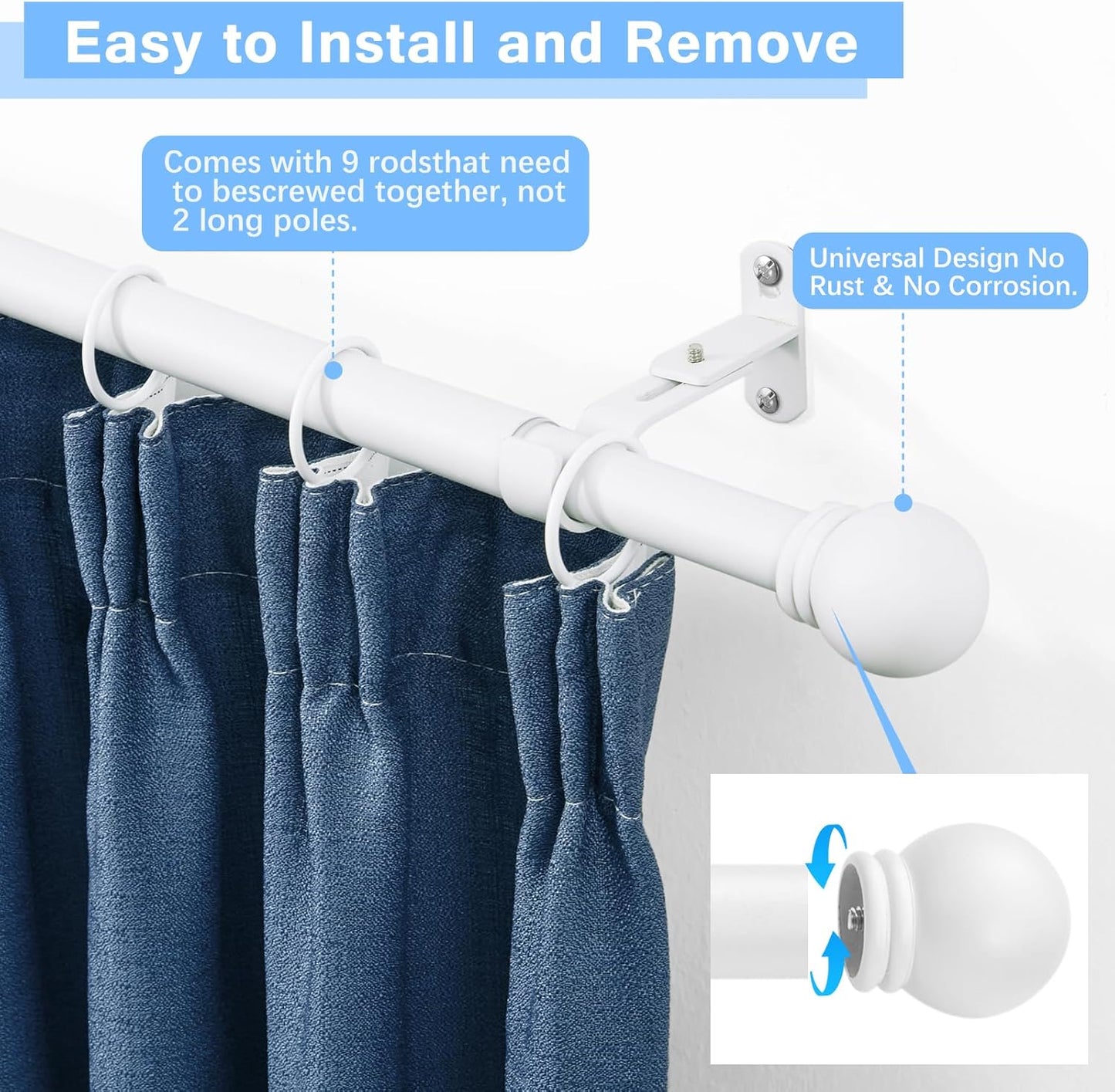 Curtain Rods for Windows 16 to 136 Inches, Curtain Rod Max Adjustable Length of 144 IN, 1" Diameter Drapery Rods Round Finials, White, Pack of 1