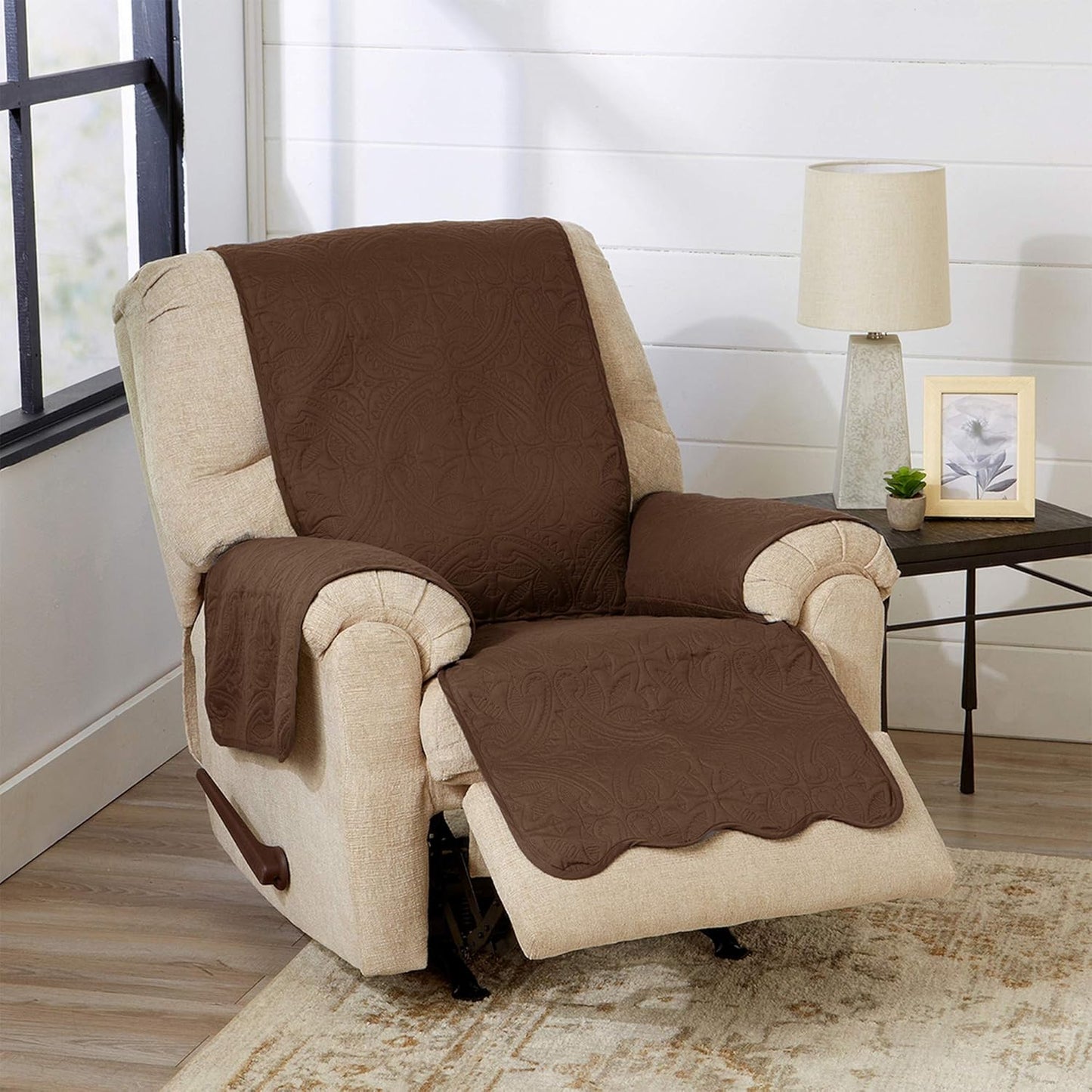 Great Bay Home Medallion Stitched Solid Furniture Protector Stain Resistant Durable Furniture Protector Elenor Collection (Recliner, Chocolate/Taupe)
