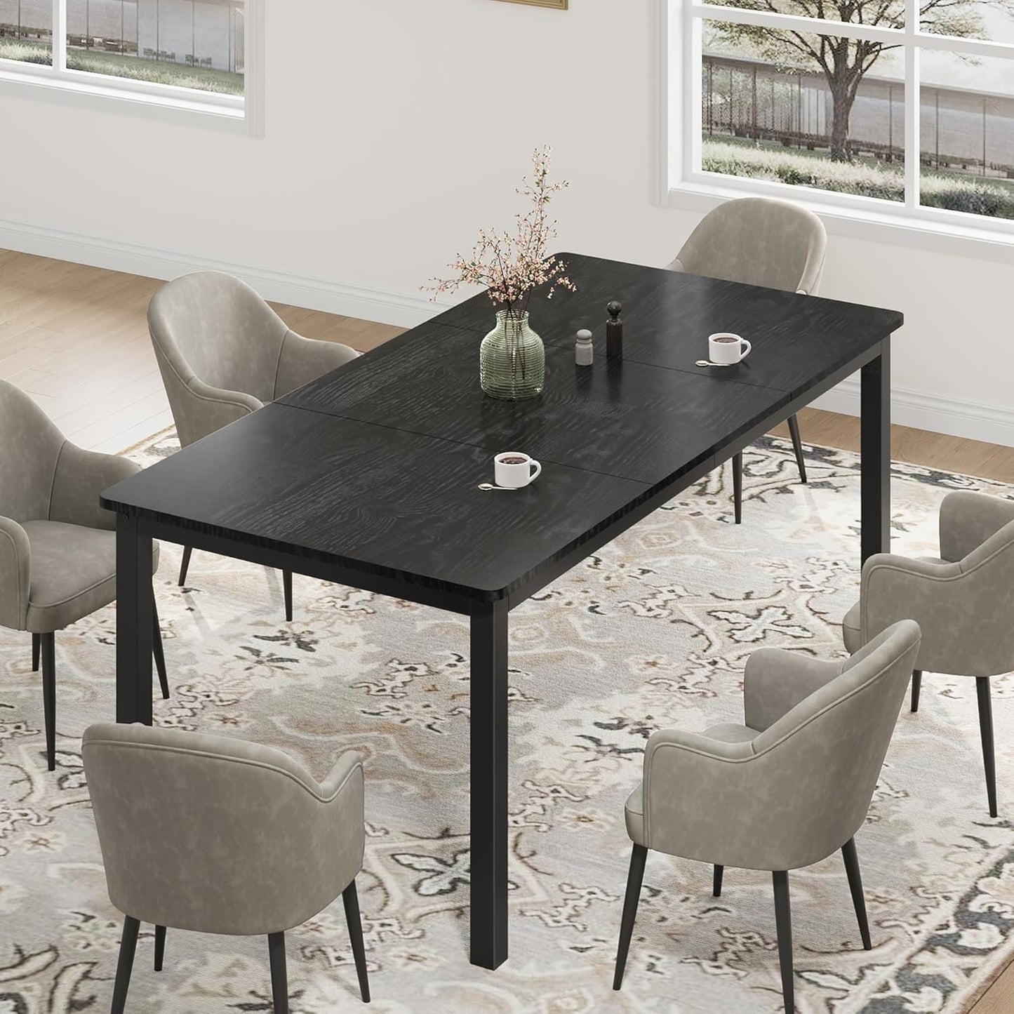 GarveeHome 78.7in Industrial Dining Table for 6, Wooden Long Dinner Table with Mortise Tenon Design, Kitchen Table with Sturdy Metal Legs, for Dining Room Home Office Living Room, Black