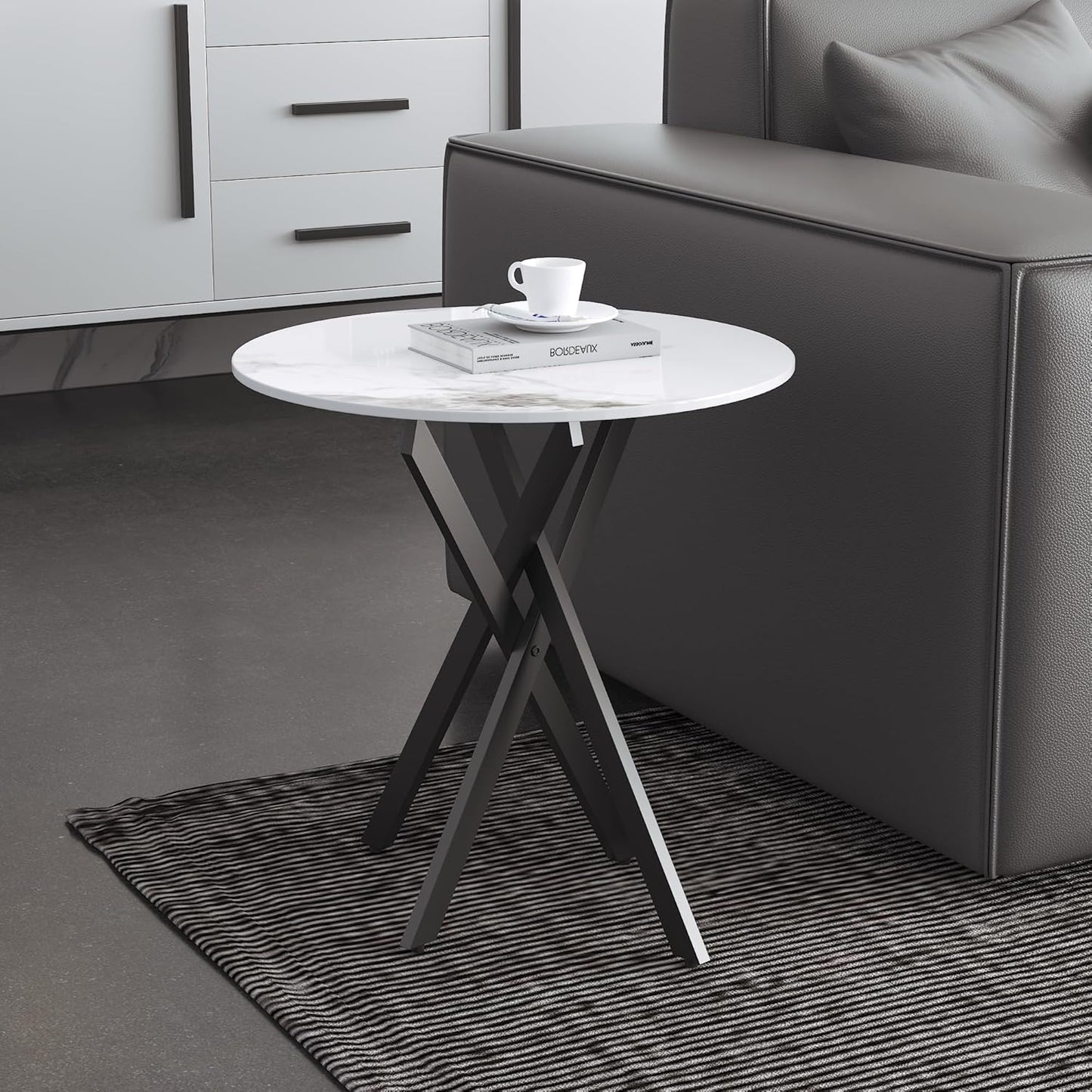 Small Round Marble Side Coffee Table Set of 2 with Metal Legs, Sintered Stone White Modern End Table for Living Room Sofa Home Bed Office (2 Pieces, 20"×20"×18")