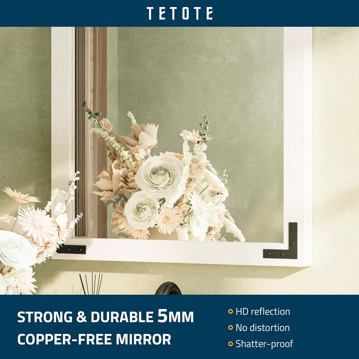 TETOTE 48 x 36 White Wooden Mirror for Bathroom Wall/Bedroom/Living Room/Entryway Farmhouse Rustic Wall Mirror Waterproof (Horizontal/Vertical Mounted)