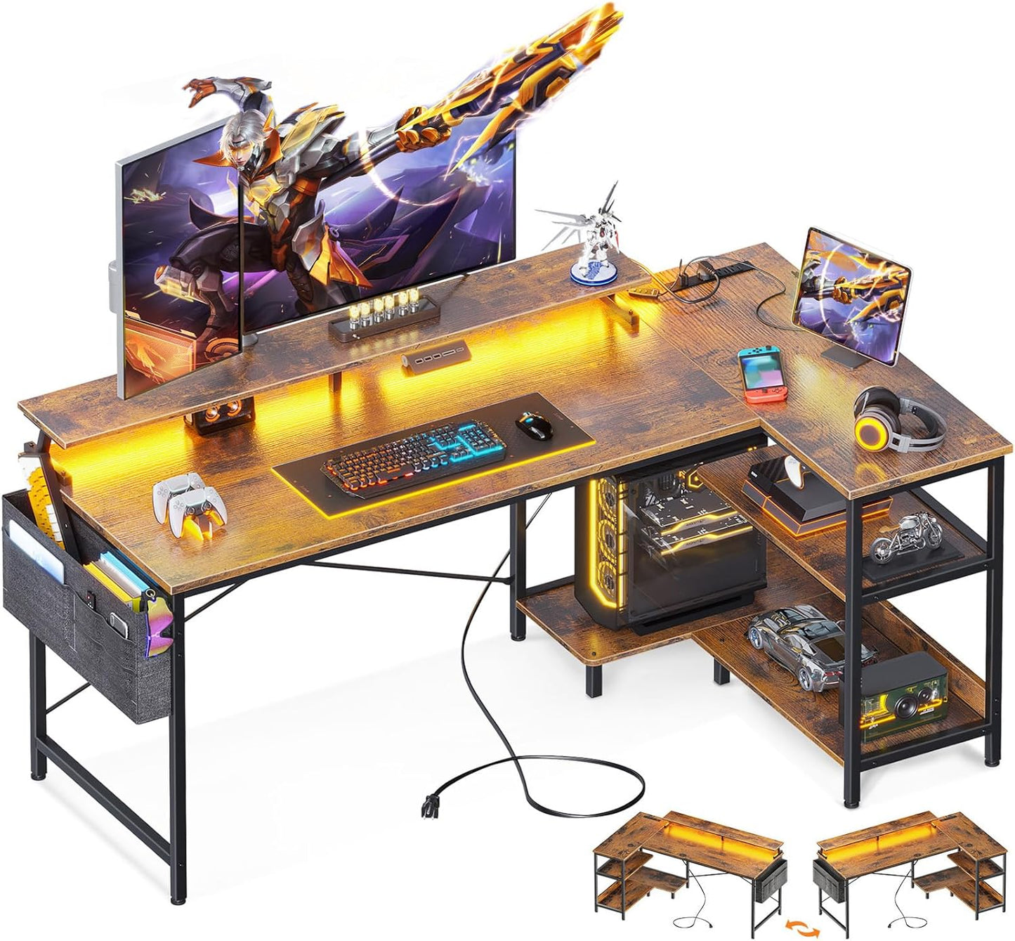 ODK 58 Inch Gaming Desk with USB Charging Ports and LED Lights, Reversible L Shaped Computer Desk with Storage Shelves & Monitor Stand, Corner Home Office Desk Table with Power Outlets, Vintage
