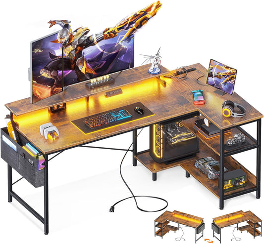 ODK 58 Inch Gaming Desk with USB Charging Ports and LED Lights, Reversible L Shaped Computer Desk with Storage Shelves & Monitor Stand, Corner Home Office Desk Table with Power Outlets, Vintage