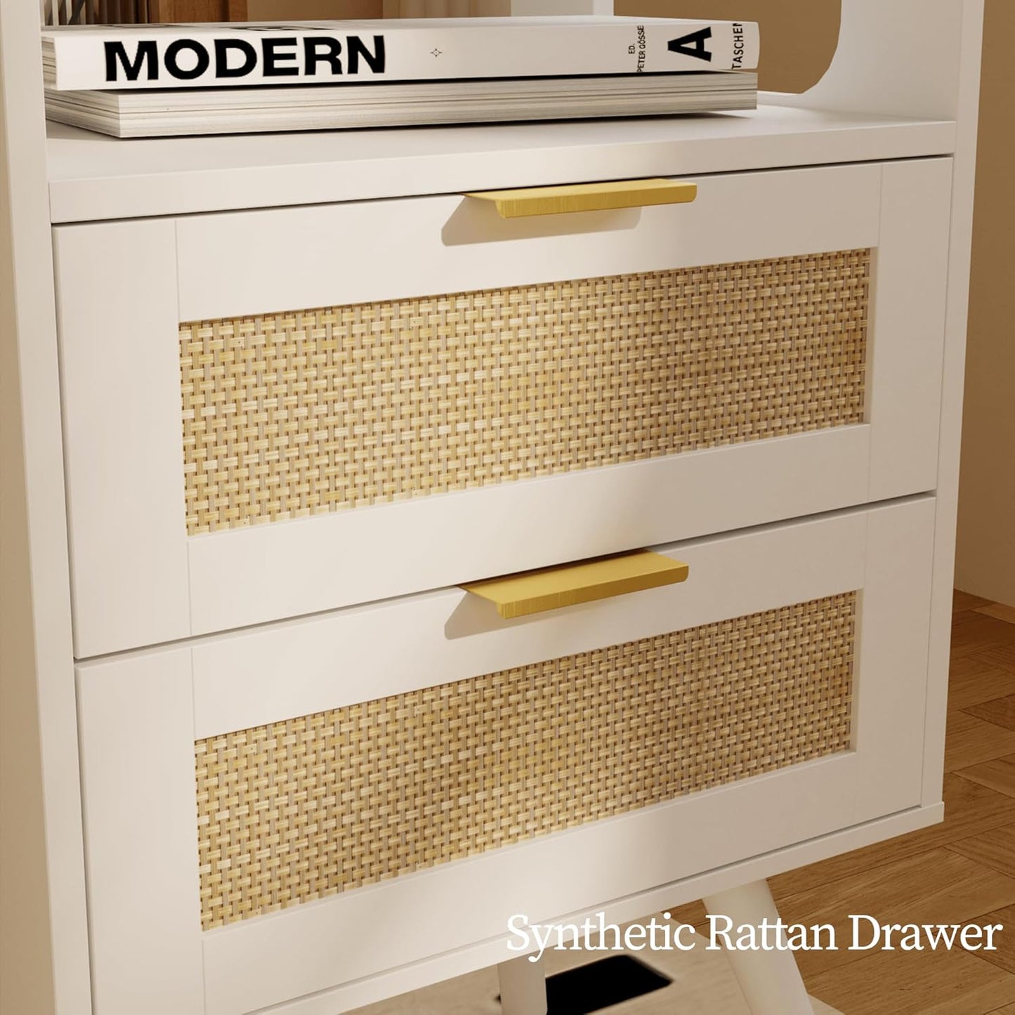 Rattan Nightstand with Charging Station,Farmhouse Bedside Table with 2 Storage Drawer and Open Wood Shelf, for Bedroom and Small Spaces,Night Stand with Solid Wood Legs (White-Outlet)