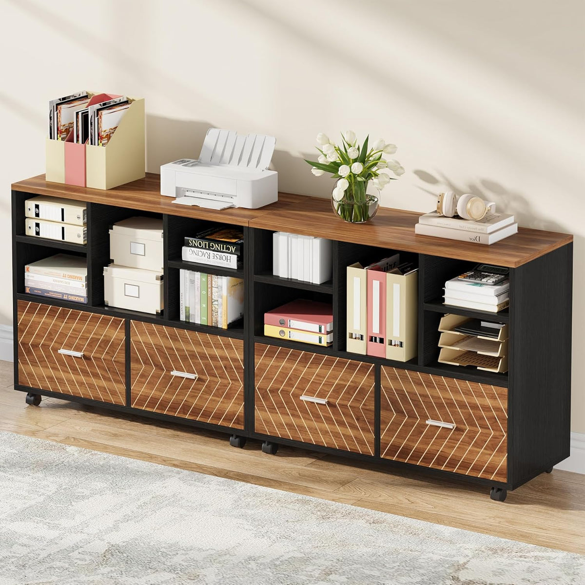 Tribesigns 2-Drawer Wood File Cabinet, Mobile Lateral Filing Cabinet for Hanging Letter Size Files, Printer Stand with Open Storage Shelves for Home Office (Walnut & Black)