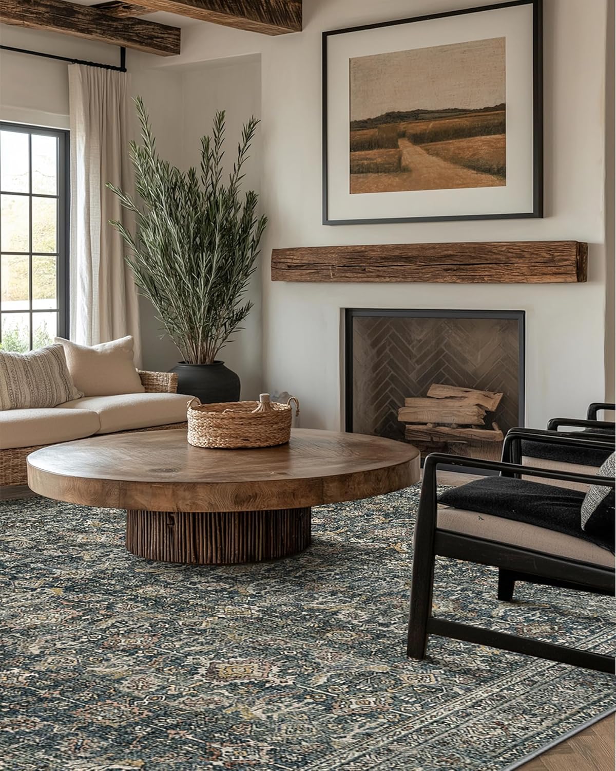 10X14 Area Rugs Machine Washable Rugs for Living Room, Vintage Boho Large Rugs for Bedroom Dining Room, Non Slip Indoor Soft Distressed Lightweight Thin Low Pile Carpet, Deep