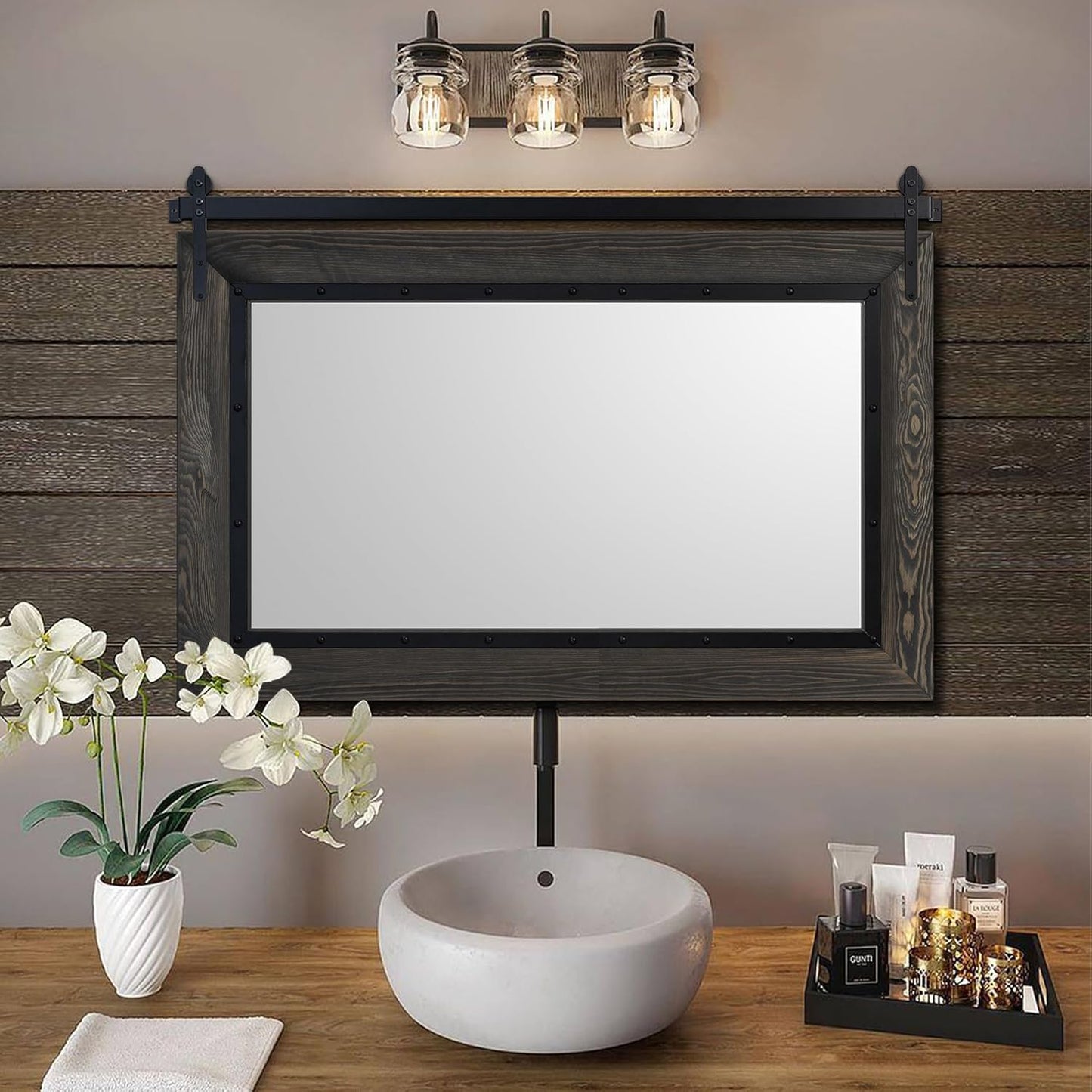 YOSHOOT Farmhouse Barn Door Mirror, 48"x30" Rustic Bathroom Mirror, Wood Frame Wall Mirror, Wooden Mirror for Living Room Bedroom Entryway Wall Décor, Horizontal Hanging ONLY