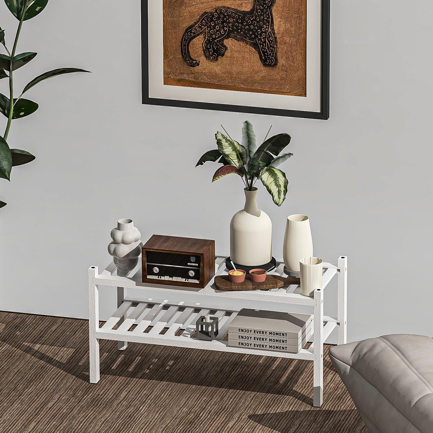 Shoe Rack 2-Tier Organizer-Stackable Storage Shelf with Multi-Function Combinations-Free Standing Bamboo Shoe Racks for Closet,Entryway,Hallway,Bathroom,Living Room Shoe Organization (White, 2-Tier)