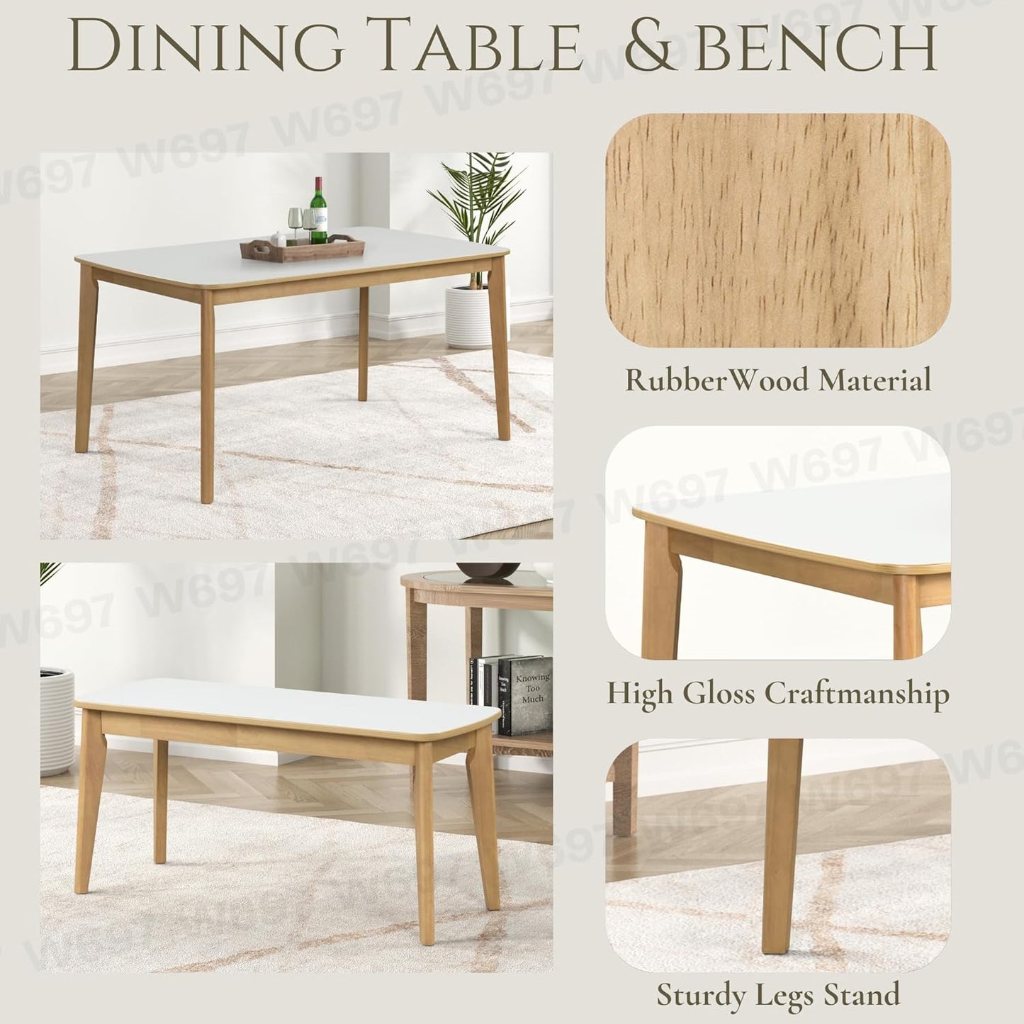Ball & Cast 6-Piece Dining Table Set,59" Rectangular Dining Table with High Gloss White top, and 4 Upholstered Chairs & 1 Bench for Dining Room and Kitchen, Light Oak