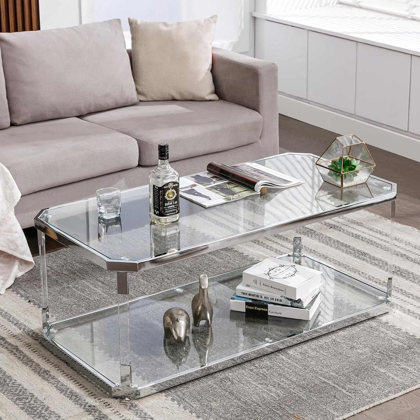 Glass Top Coffee Table, Sliver Rectangle Coffee Table Glass Top with 2 Tiers, Acrylic Leg, Chrome Frame, Modern Center Table for Living Room