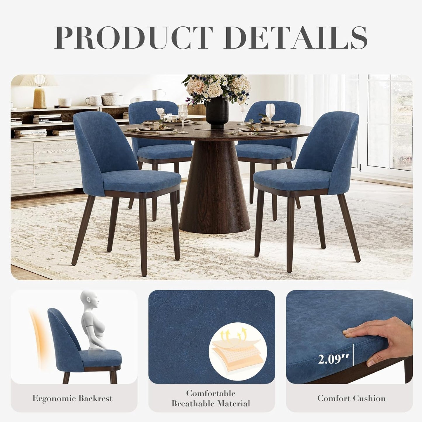 COLAMY Upholstered Dining Chairs Set of 2, Modern Kitchen Chairs with Back, Leather Side Dining Room Chairs with Wood Legs for Kitchen Dining Room Restaurant, Blue