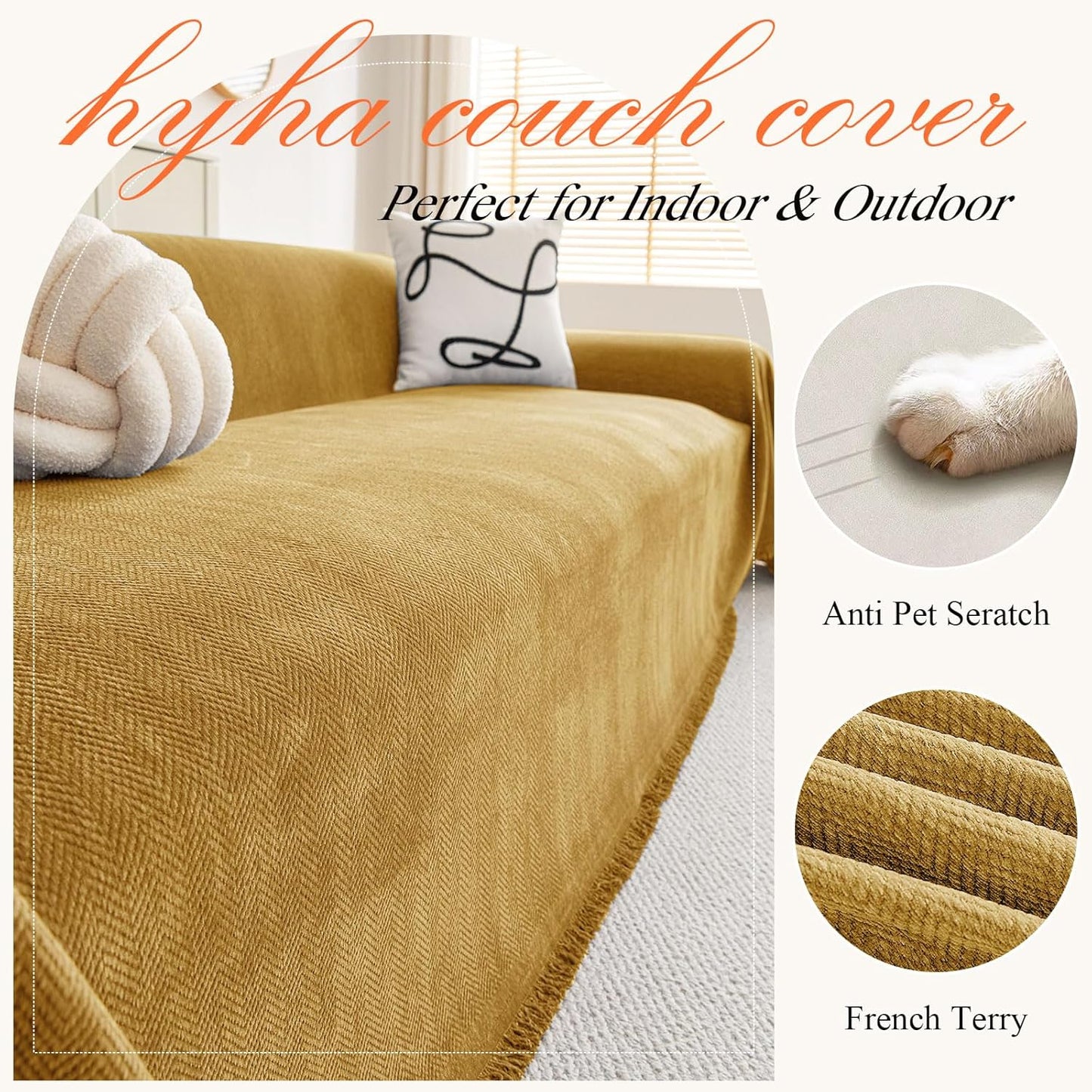 hyha Couch Cover for Dogs, Boho Sofa Covers for 3 Cushion Couch Washable, Chenille Sofa Slipcover for Pets, Soft Loveseat Sectional Couch Throw Blankets with Tassels (Yellow, 88.5x150 Inch)