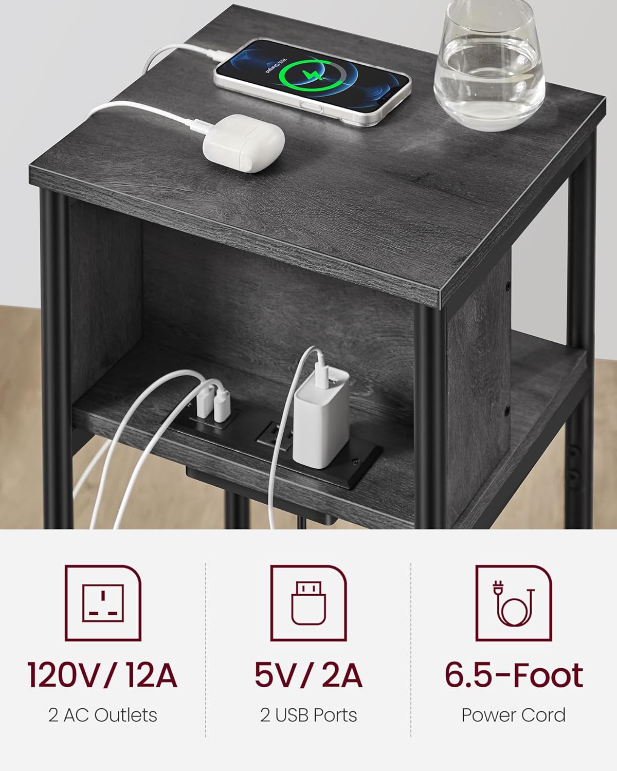 VASAGLE Side Table with Charging Station, 3-Tier End Table with USB Ports and Outlets, Nightstand for Living Room, Bedroom, 11.8 x 13.4 x 22.8 Inches, Plug-in Series, Misty Gray and Black