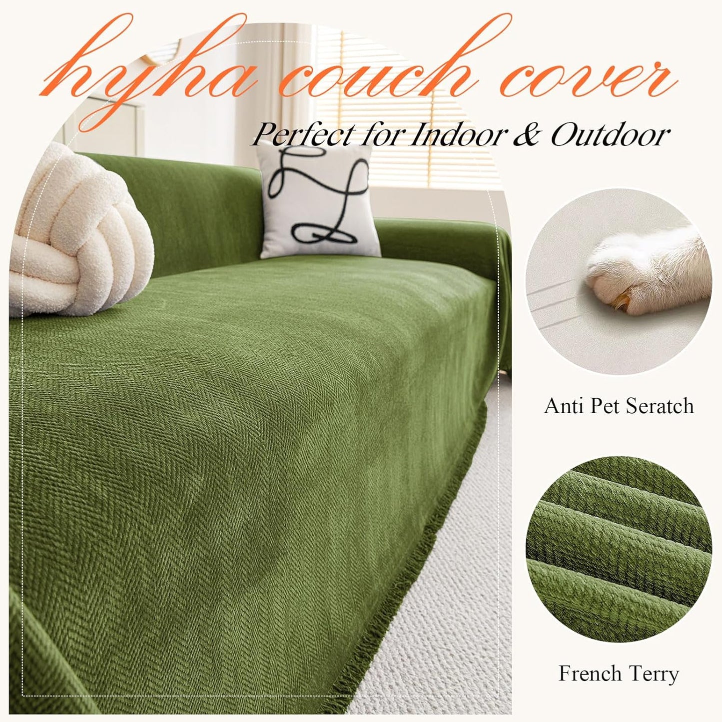 hyha Couch Cover for Dogs, Boho Sofa Covers for 3 Cushion Couch Washable, Chenille Sofa Slipcover for Pets, Soft Loveseat Sectional Couch Throw Blankets with Tassels (Green, 88.5x118 Inch)