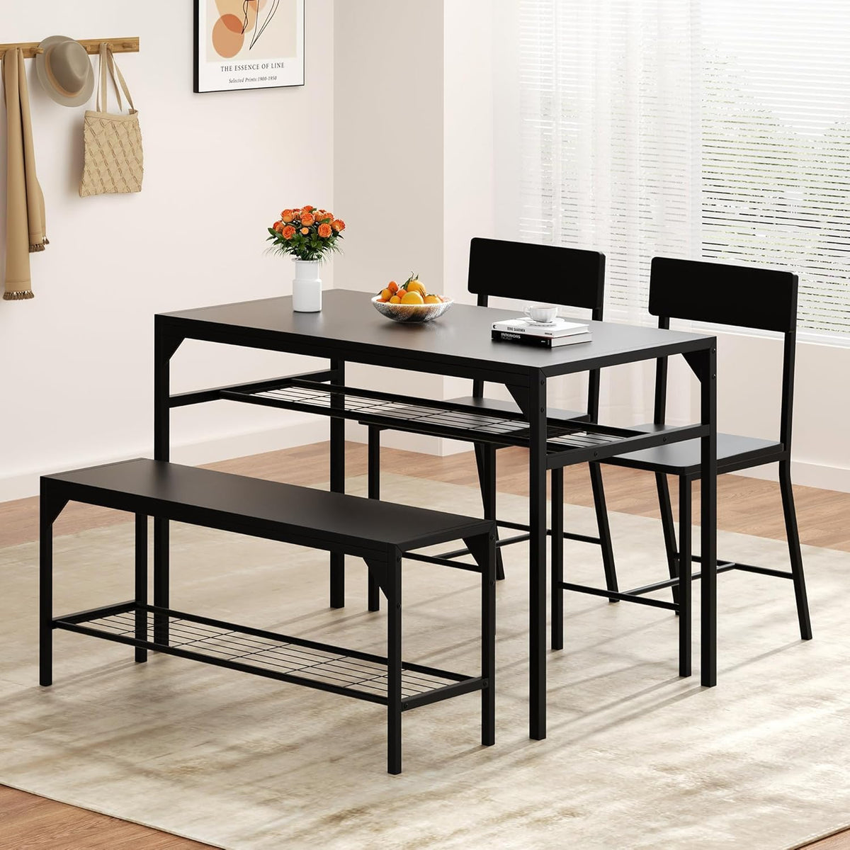 Shintenchi Kitchen Table Chairs Set of 4, Dining Table Set for 4 with Bench and Chairs, 4 Pieces Kitchen Table Set with Storage Rack & Metal Frame for Small Space, Black