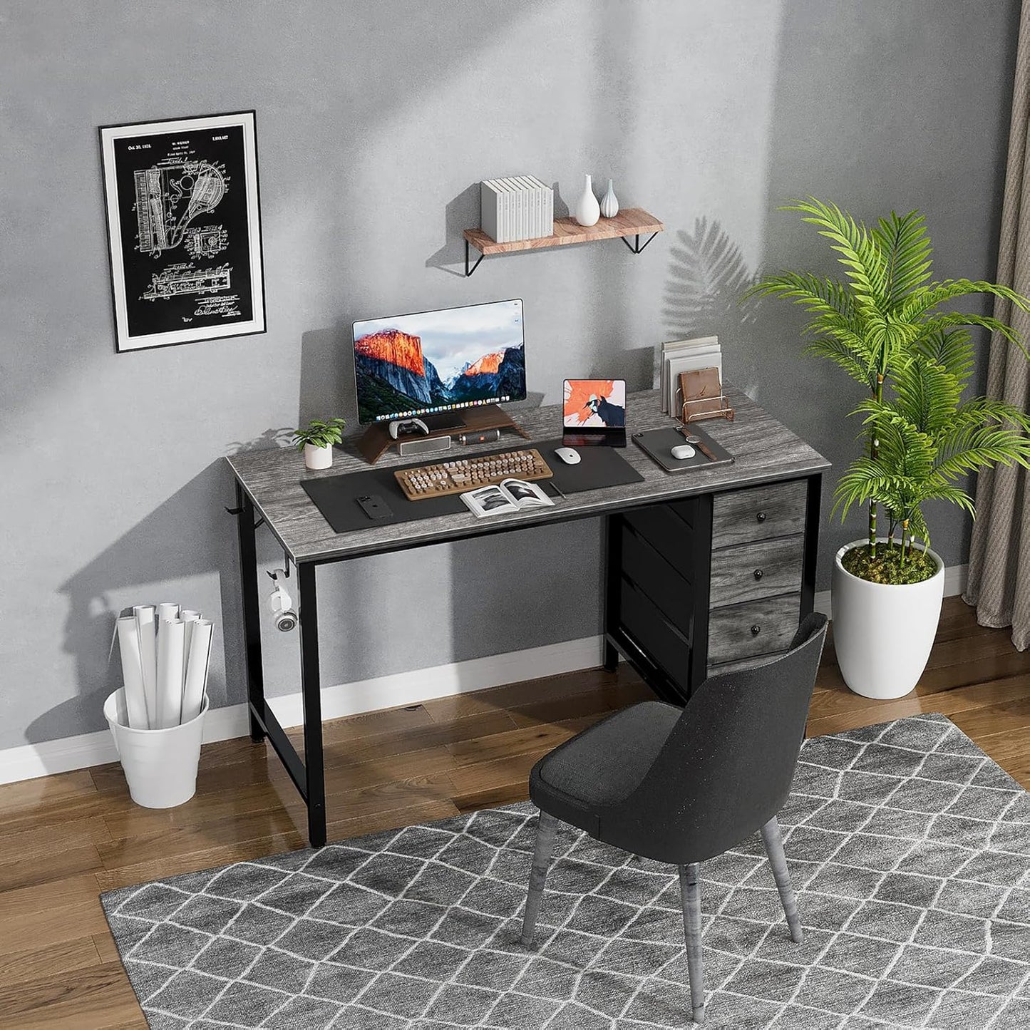 Lufeiya 47 inch Computer Desk with 4 Fabric Drawers, Writing Work Study Desk for Home Office Bedroom, Modern Simple Student PC Desks, Gray