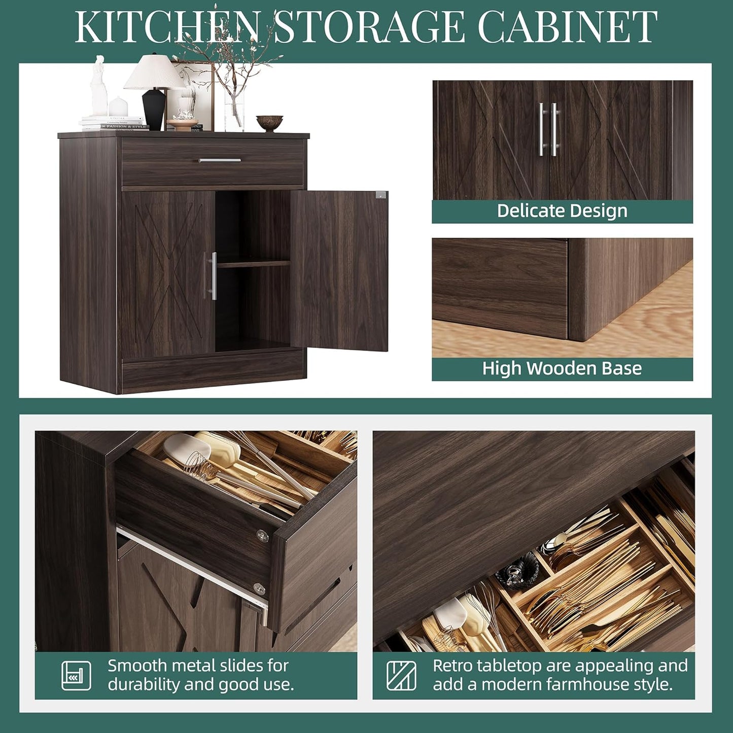 Shintenchi Farmhouse Storage Cabinets with Doors and Shelves,Kitchen Barn Door Storage Cabinet with Drawers,Coffee Bar Cabinet Buffest Sideboard for Dining Living Room,Bathroom,Entryway,Dark Brown