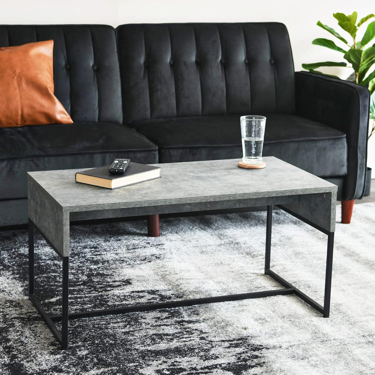 Household Essentials Wrap Rectangular Coffee Table Rustic Slate Concrete and Black Metal