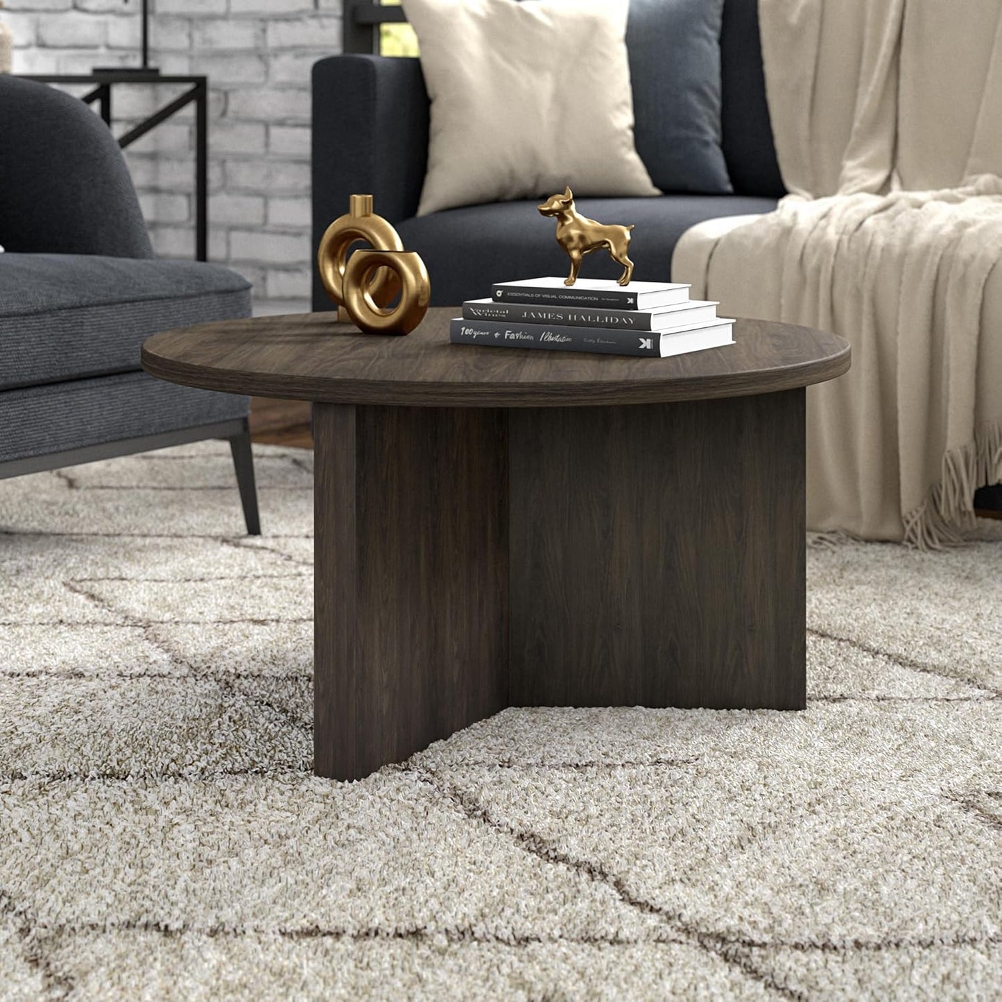 Henn&Hart 32" Round Wood Pedestal Coffee Table for Living Room, Family Room, Office, or Apartment, Alder Brown