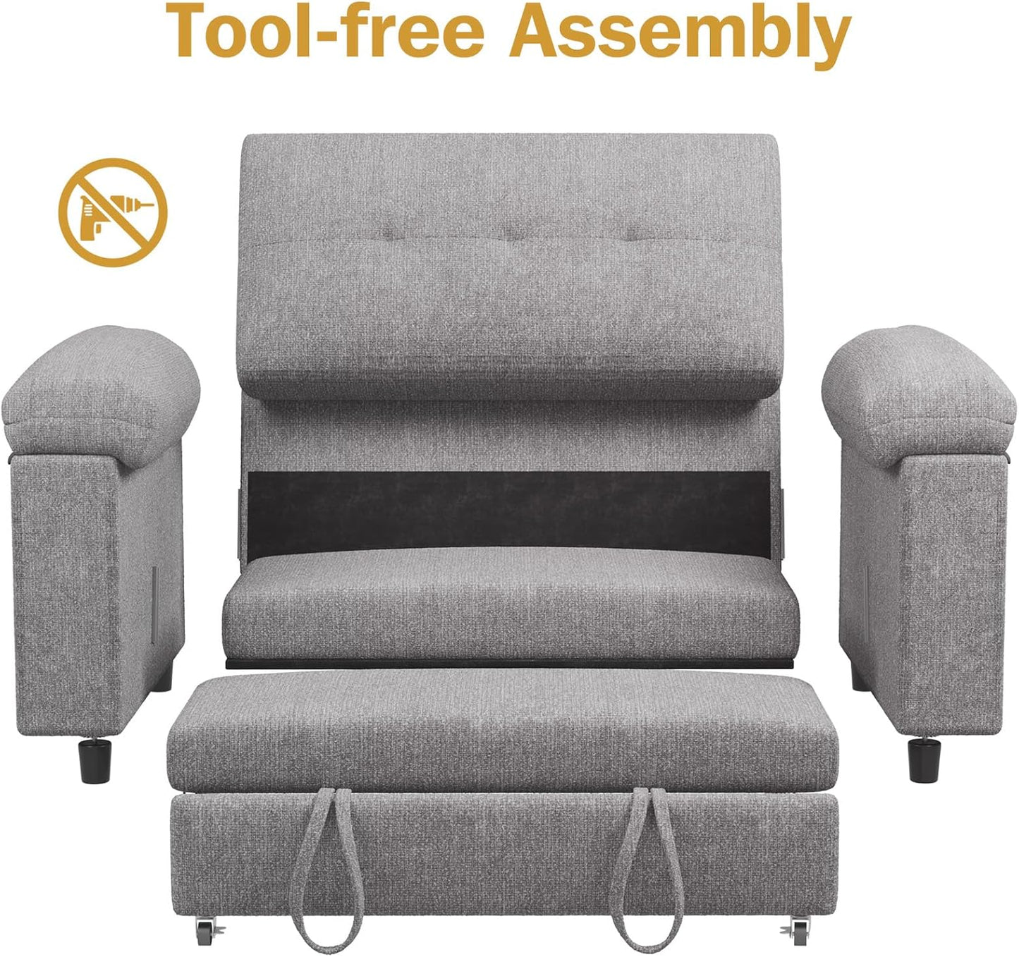 Vipbear 58" Convertible Sofa Bed, 3-in-1 Pull Out Sleeper Sofa with USB Ports & Adjustable Backrest, Loveseat with Side Pocket for Living Room, Apartment, Tool-Free Assembly, Chenile Light Grey