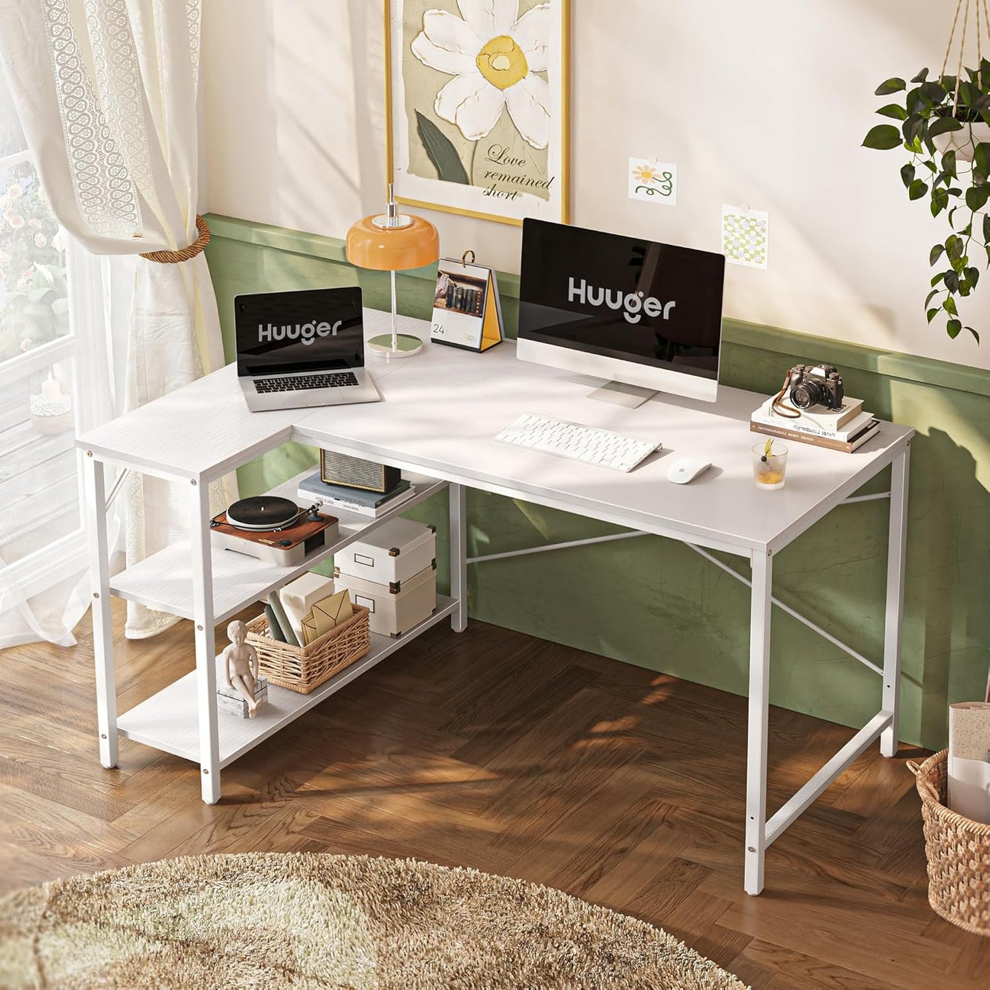 Huuger L-Shaped Desk - 47" Reversible Storage Corner Gaming Desk, Metal Frame, White
