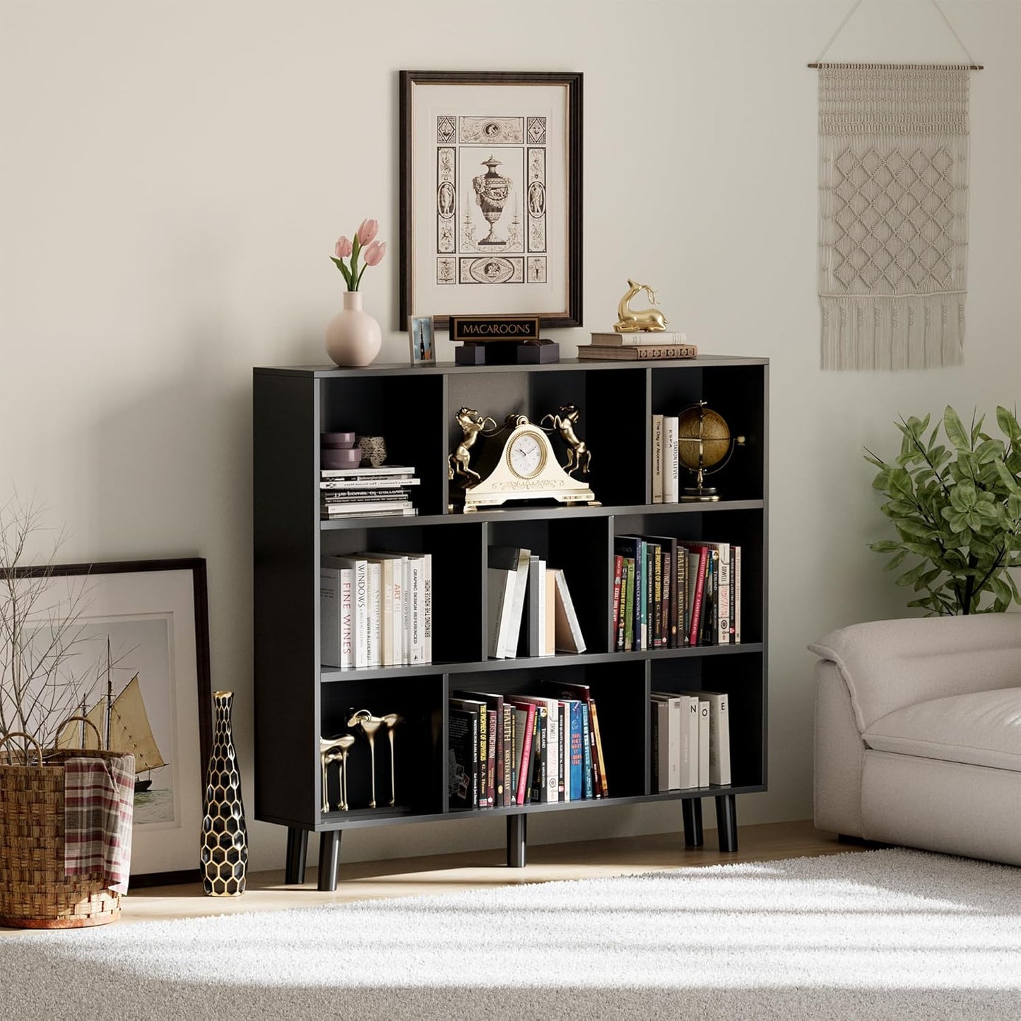 YESHOMY 9 Black Cube Bookcase, Open Frame 3-Tier Book Shelf, Bookshelf Storage Organizer with Feet & Anti-Tilt Device for Organization, Room Decor