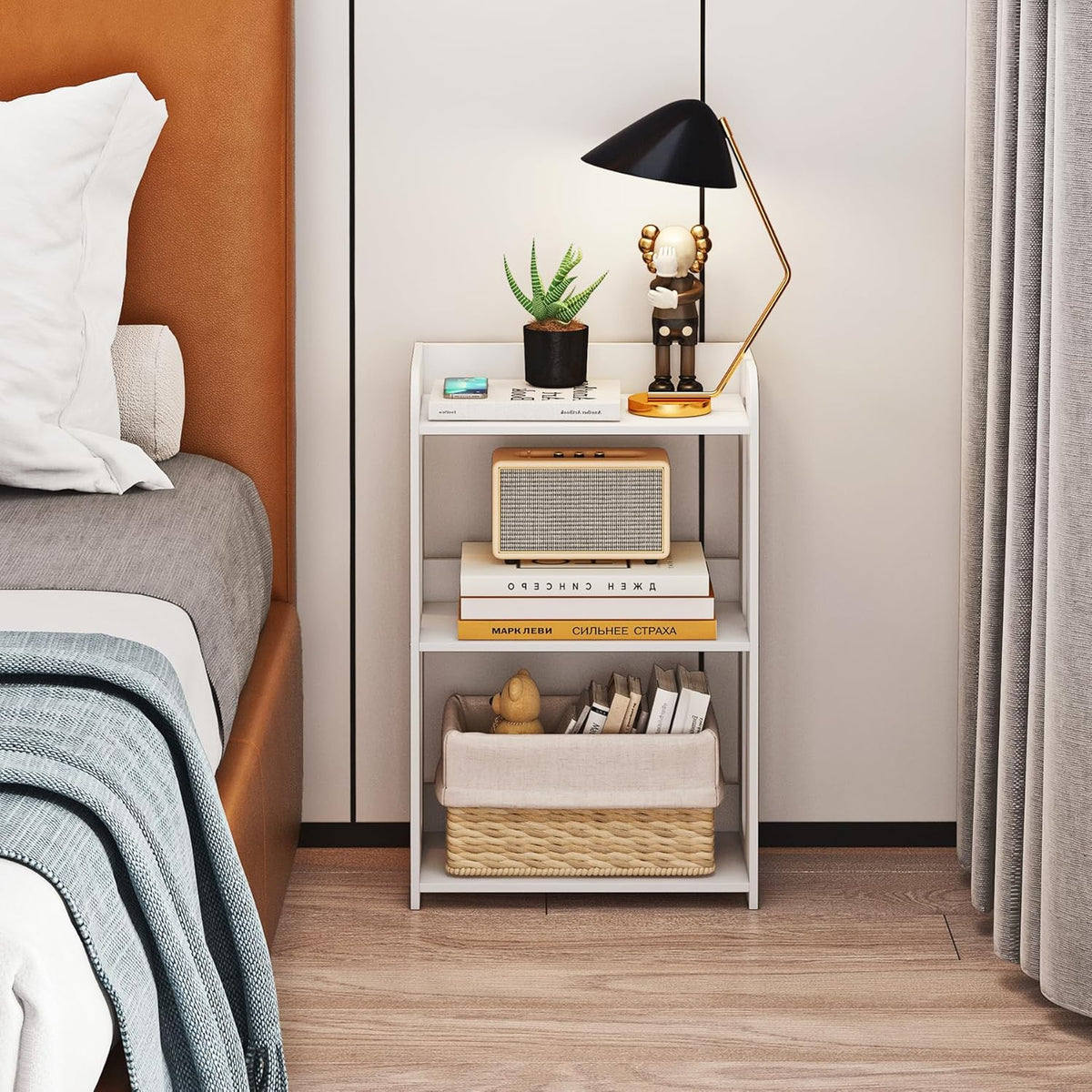 3 Tier End Table Nightstand White, Small Bookshelf with Open Shelf, Narrow Side Table Bedside Table for Bedroom, Living Room, Office, Bathroom