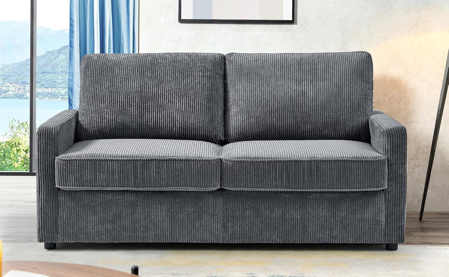 Reversible Sleeper Sofa Bed with Comfortable Memory Foam Mattress, Convertible Corduroy Full Size Pull Out Couch for Living Room, Space Saving Furniture, 70" Wide, Rectangular Arms, Grey