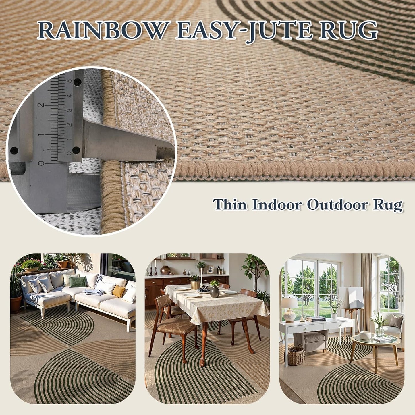 Lahome Modern Rainbow Easy Jute Rug, 6x9 Rug for Living Room Washable Indoor Outdoor Patio Rug, Farmhouse Rug for Bedroom Non Slip Contemporary Carpet for Backyard Deck Office Decor