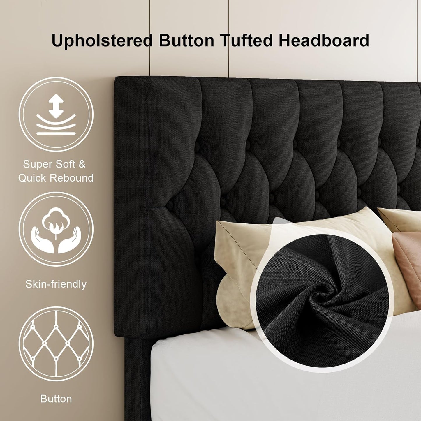 Feonase Full Size Platform Bed Frame with Button Tufted Headboard, Upholstered Linen Bed with Wooden Slats Support, No Box Spring Needed, Easy Assembly, Noise-Free, Black