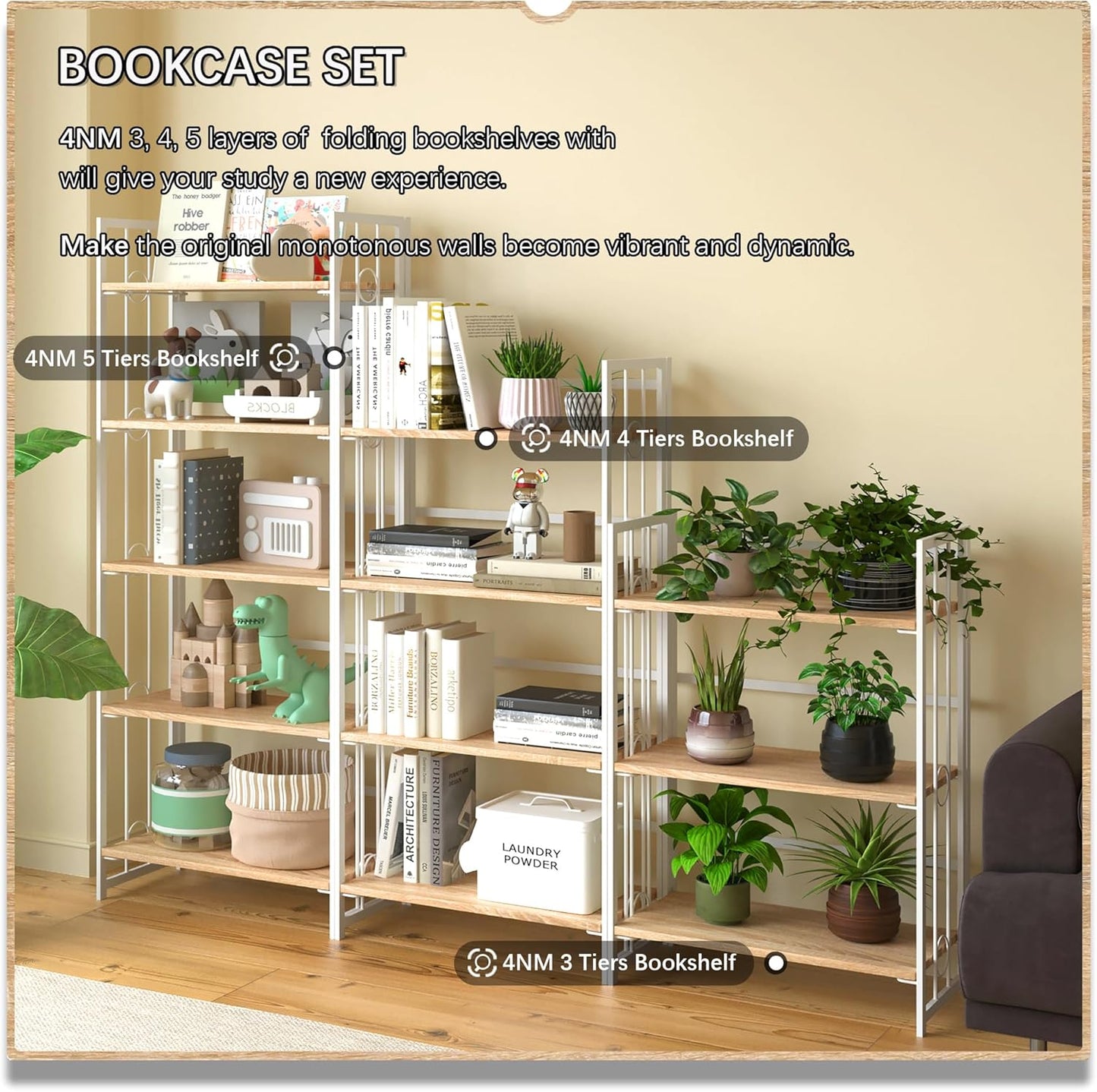 4NM No Assembly 5 Tiers Folding Bookshelf, 59.4" H Foldable Storage Shelves Vintage Bookcase Standing Racks Study Organizer Home Office - Natural White
