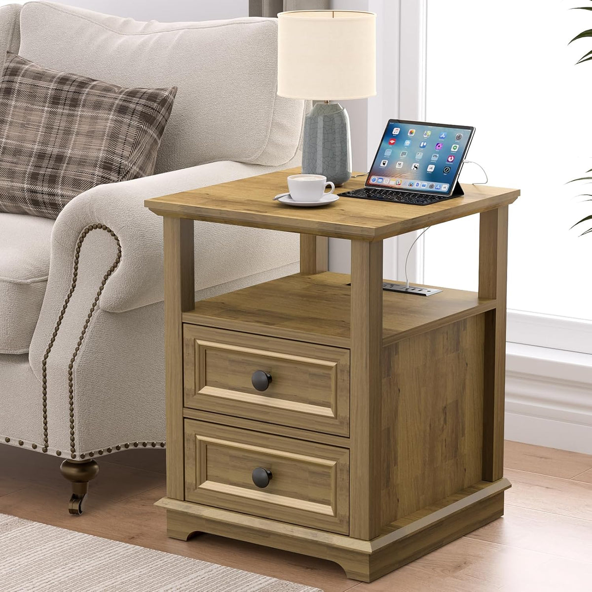 End Table with Fast USB C Charging Station, 18" Wide Sofa Side Table with 2 Drawers, Large Storage Rustic Wood Square Storage Cabinet for Living Room,Bedroom,Office, Light Brown