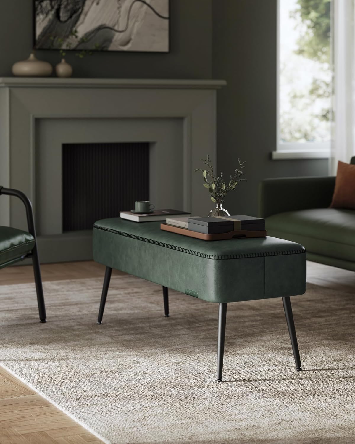 VASAGLE EKHO Collection - Bench for Entryway Bedroom, Synthetic Leather with Stitching, Ottoman Bench with Steel Legs, Living Dining Room, Mid-Century Modern, Loads 660 lb, Forest Green ULOM076C01