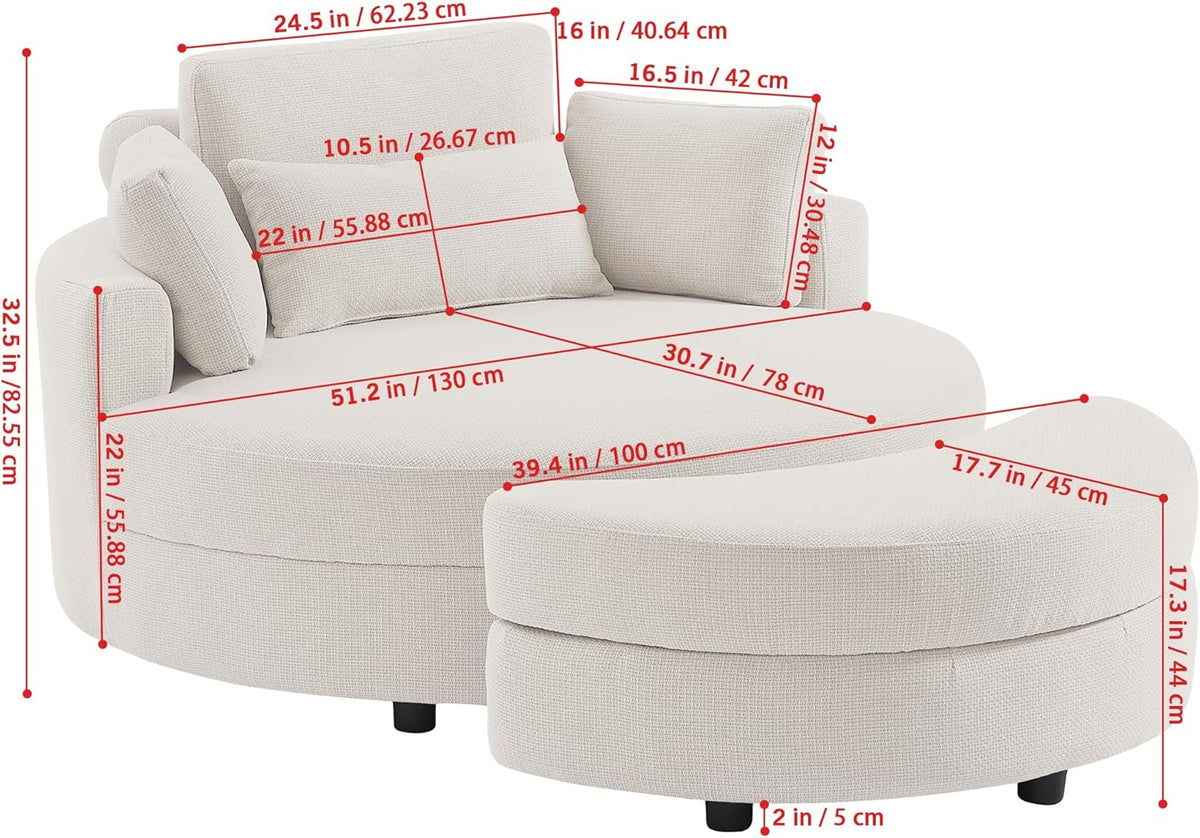 51.2'' Oversized Barrel Armchair with Storage Ottoman，Round Single Reading Upholstered Chairs,Recliner Sofa Chaise with 4 Movable Pillows for Living Room(Green+Linen)