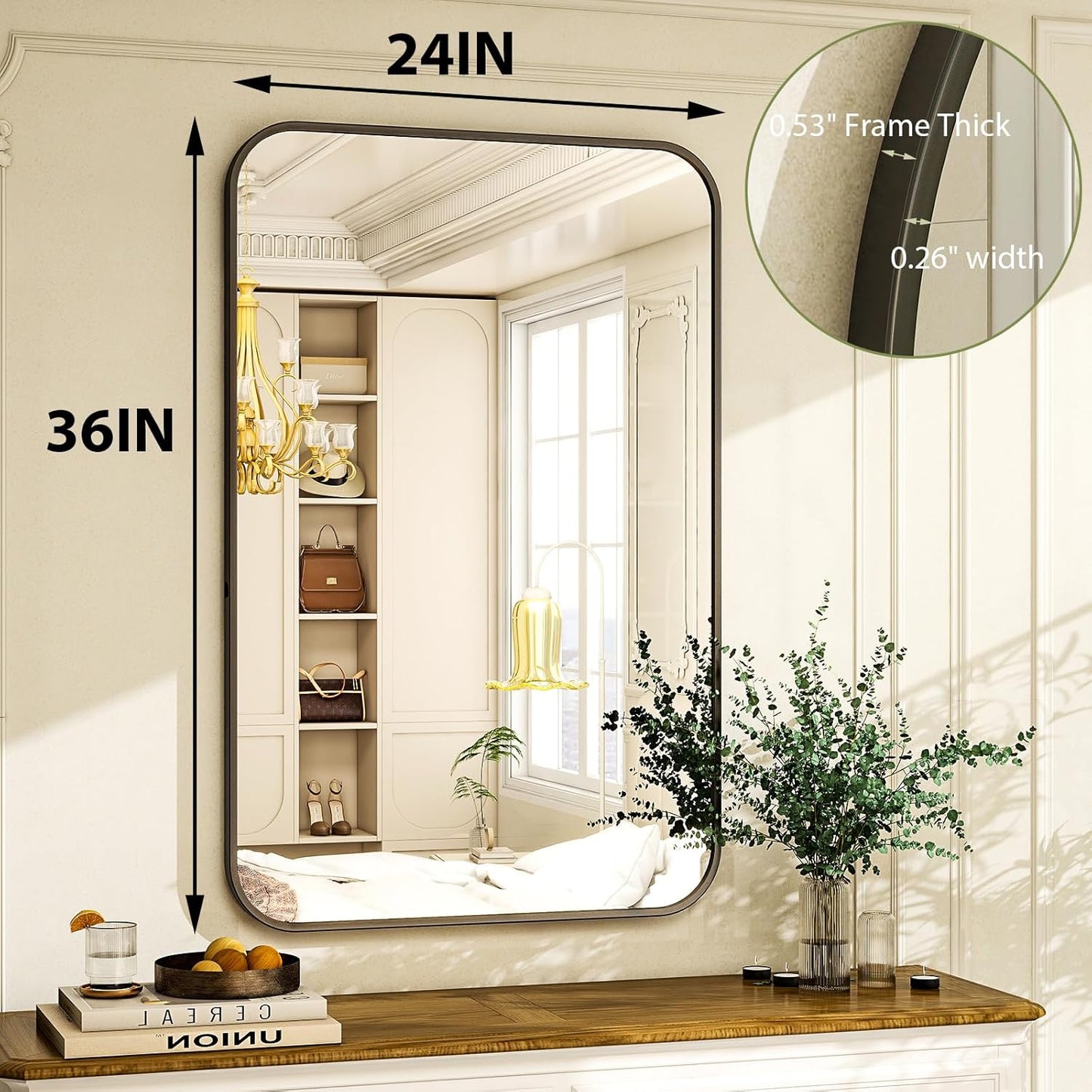 24 x 36 Inch Bathroom Mirror, Rounded Rectangular Vanity Mirror for Wall, Modern Mirror for Room Decor, Black Framed Wall-Mounted Mirrors for Home Decor, Hangs Horizontally or Vertically