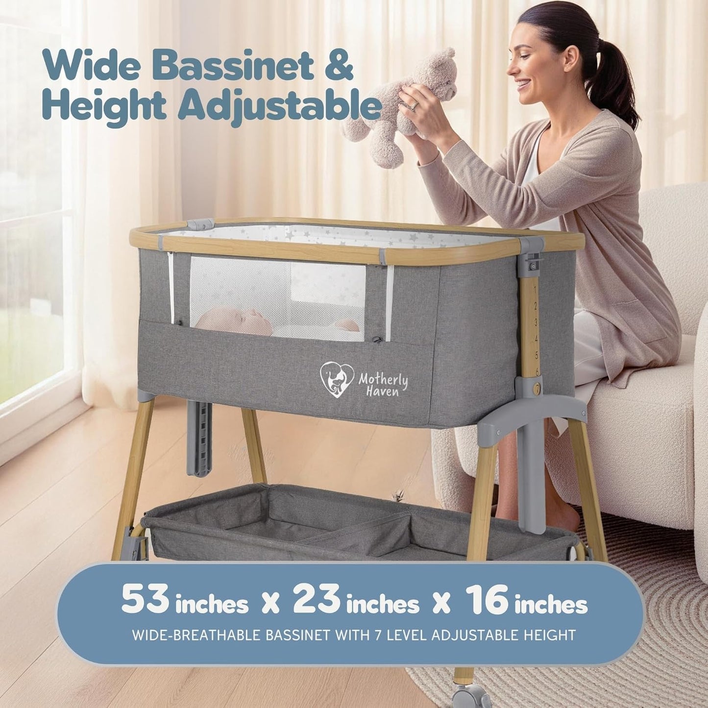 Baby Bassinet Bedside Sleeper, Portable Crib for Newborns, Adjustable 7-Height Auto-Lock, with Wheels, Soft Mattress & Breathable Mesh (Light Grey)