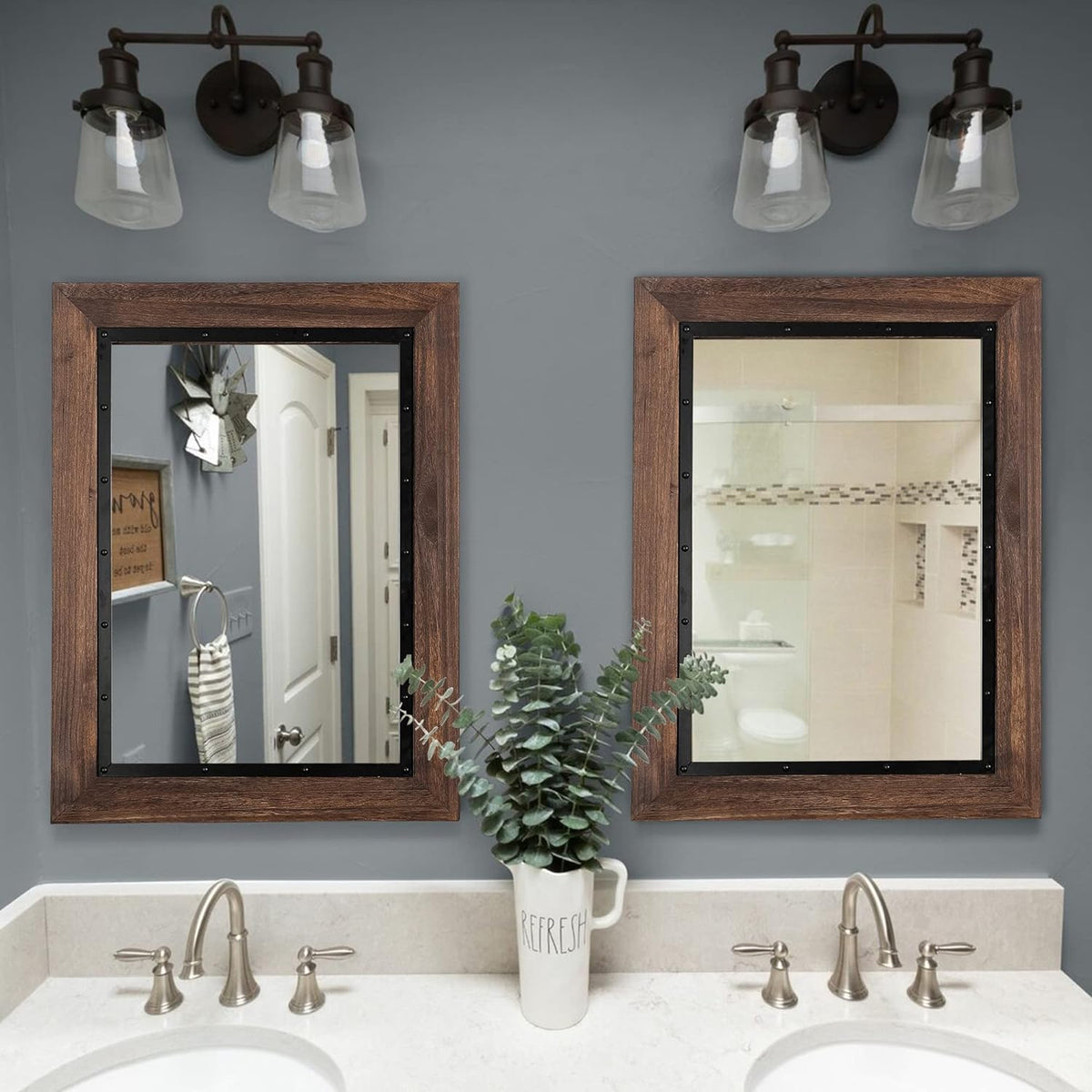 YOSHOOT Rustic Wooden Framed Wall Mirror, 40"x26", Natural Wood and Iron Bathroom Vanity Mirror for Farmhouse Decor, Vertical or Horizontal Hanging