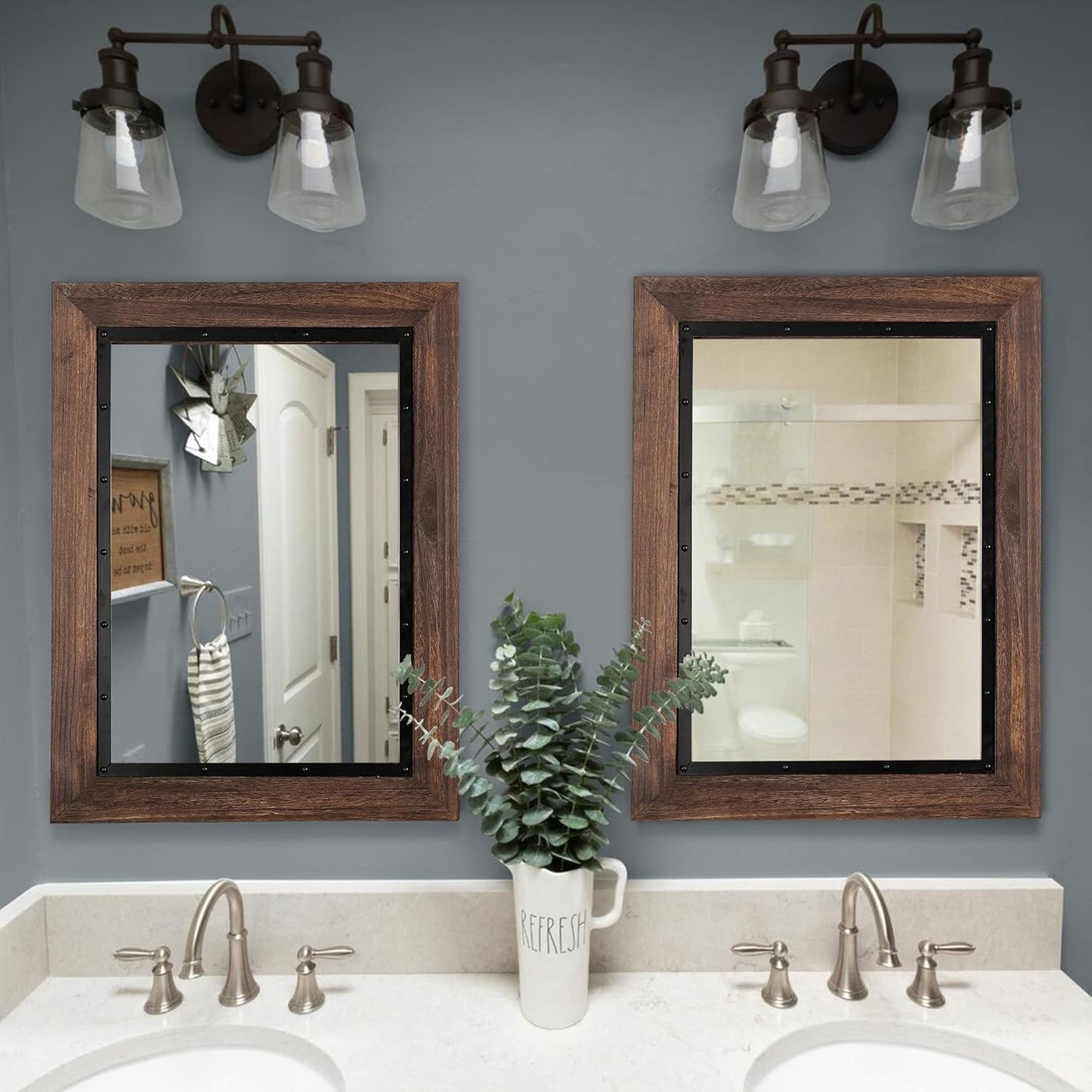 YOSHOOT Rustic Wooden Framed Wall Mirror, 26"x18", Natural Wood and Iron Bathroom Vanity Mirror for Farmhouse Decor, Vertical or Horizontal Hanging