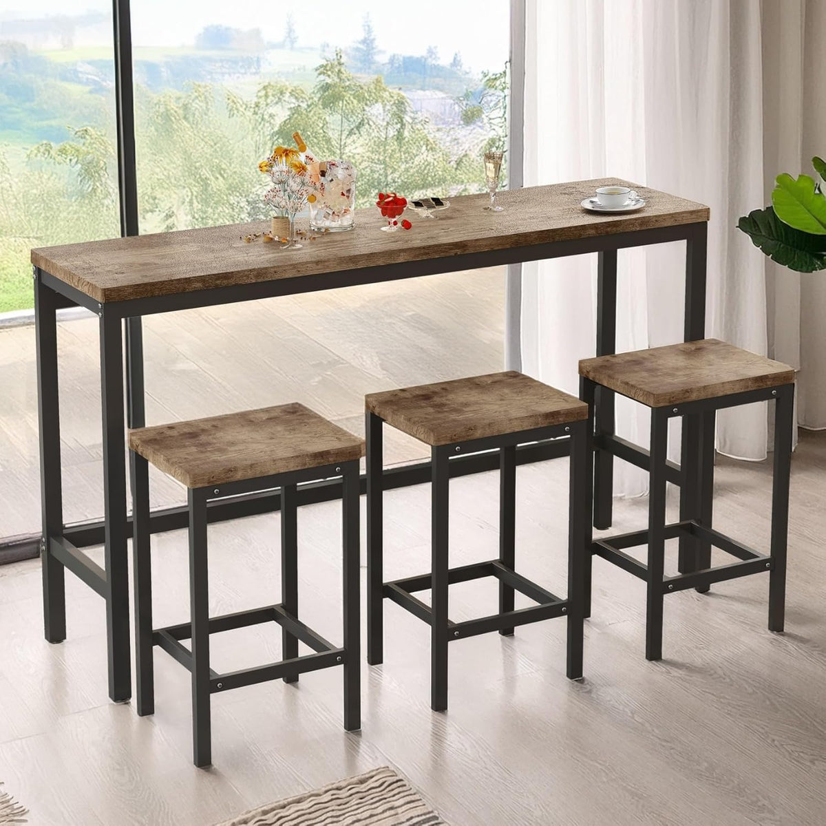 KEIKI 60.24” Long Bar High Top Dining Table and 3 Stools Chairs Set, Wood Behind Couch Sofa Counter Height Pub Furniture for Breakfast, Kitchen Living Party Room, Natural