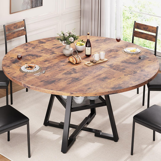 51'' Round Dining Table for 6,Kitchen Dining Room Circle Dinner Pedestal Table,Space Saving Wood Kitchen & Dining Room Furniture (Vintage, 51In)